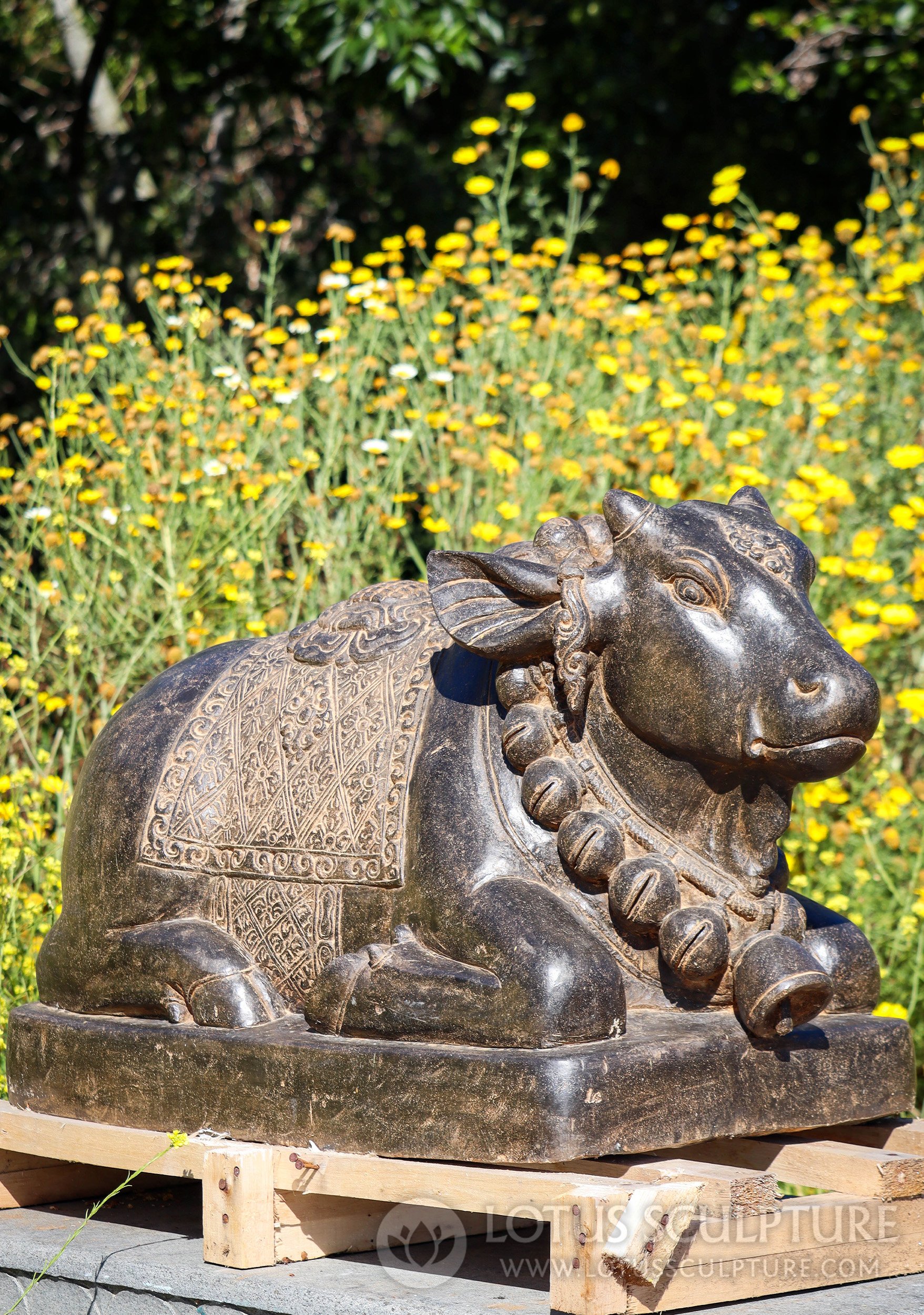 Nandi Bull Sculpture Saffron Colored Stone - Shiva's Vahana for Garden 32"