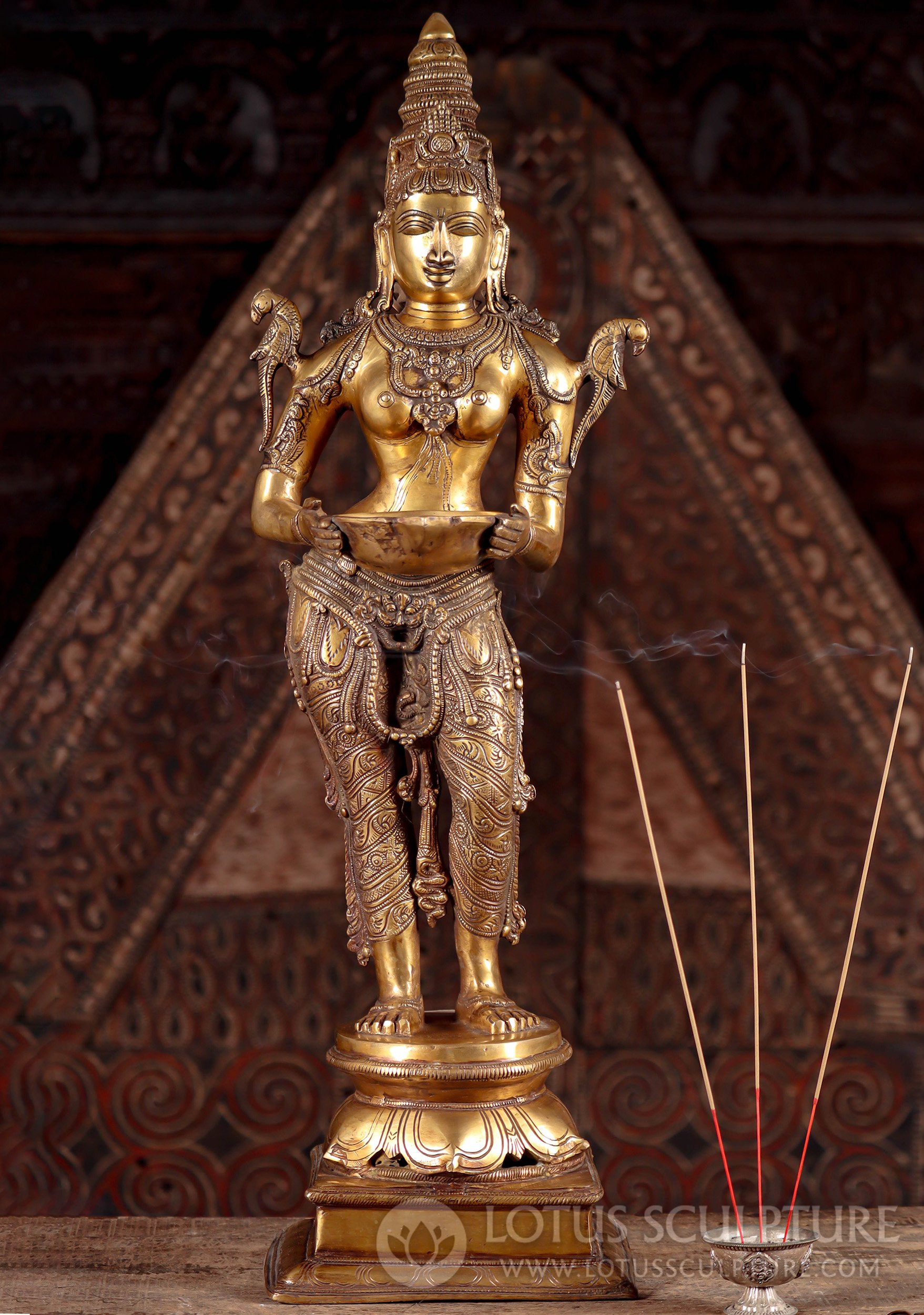 Lakshmi Brass Standing Hindu Goddess of Wealth Statue Holding Deepam with 2 Parrots 32"