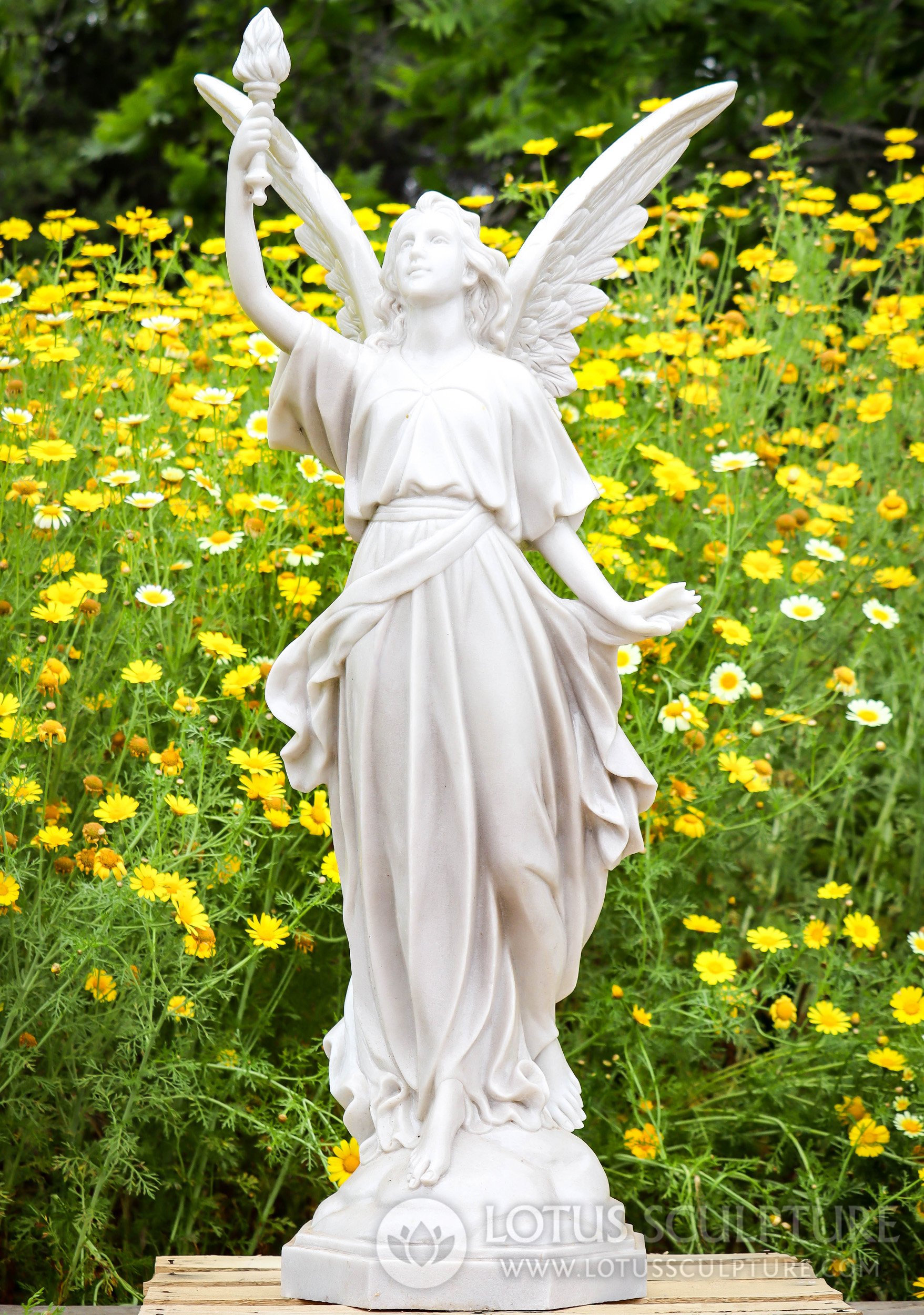 Angel Garden Sculpture White Marble Ethereal Figure with Outstretched Wings 47.5"