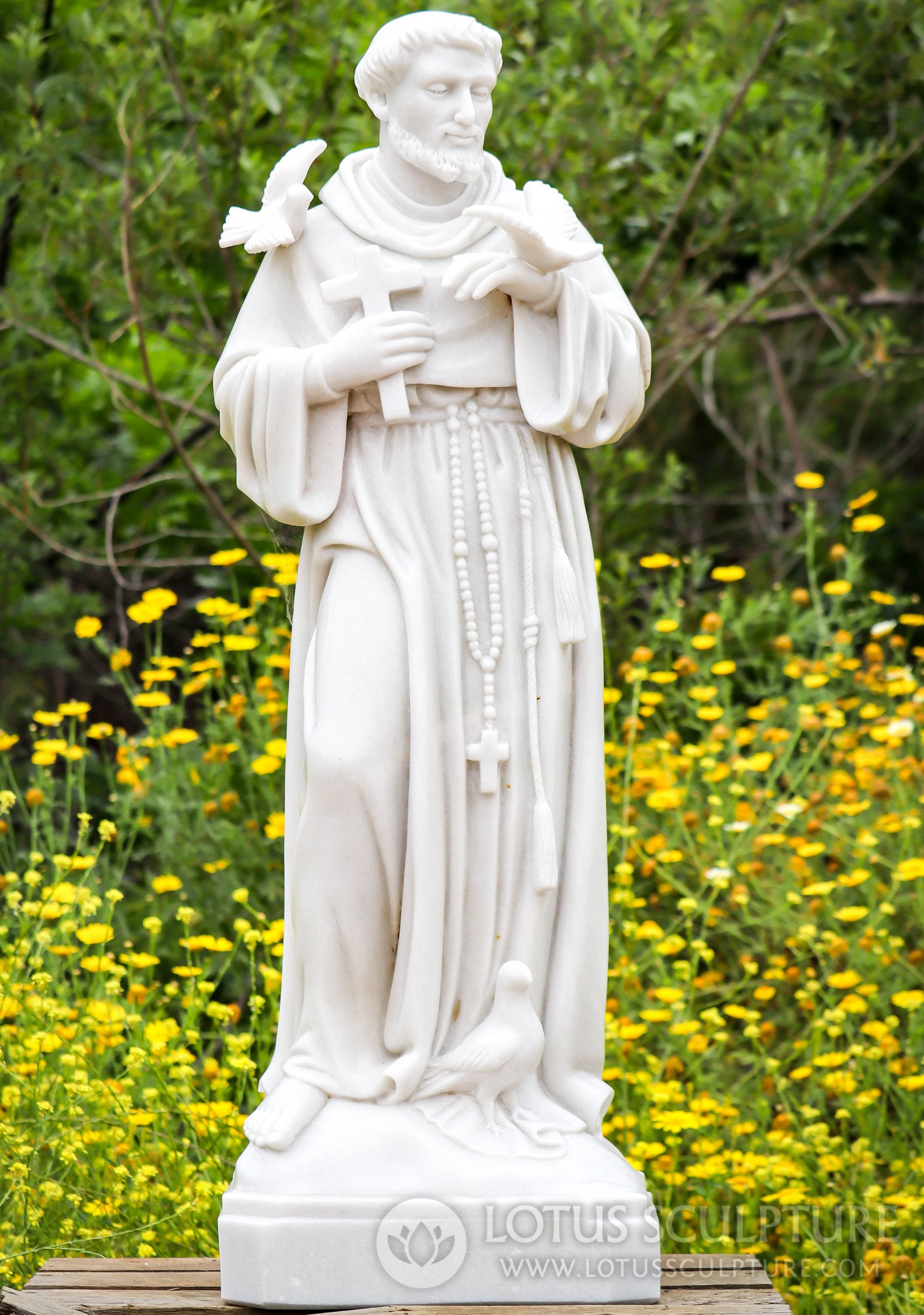 Saint Francis of Assisi White Marble Catholic Garden Sculpture with Two Doves 48"