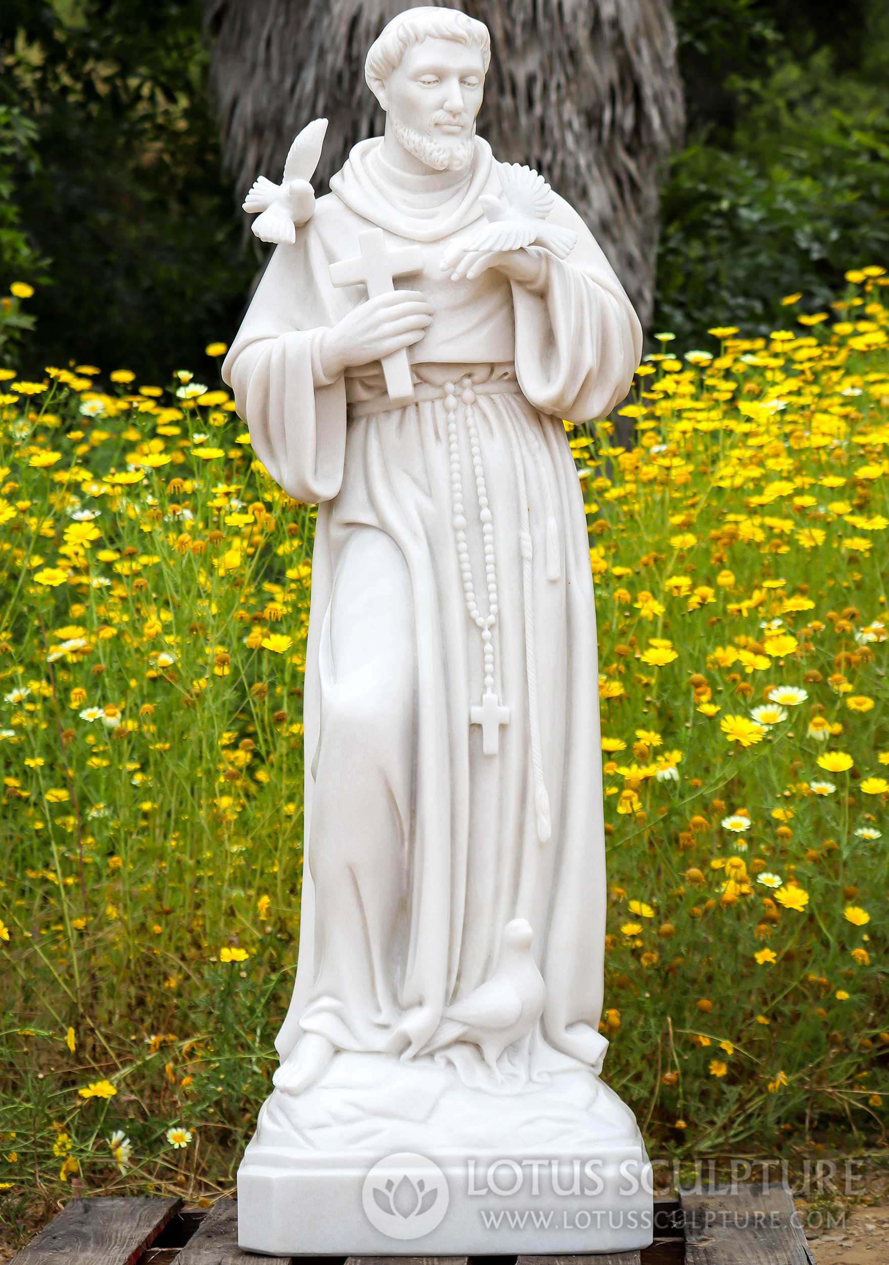 Saint Francis of Assisi Hand Carved White Marble Religious Garden Sculpture with Doves 56"