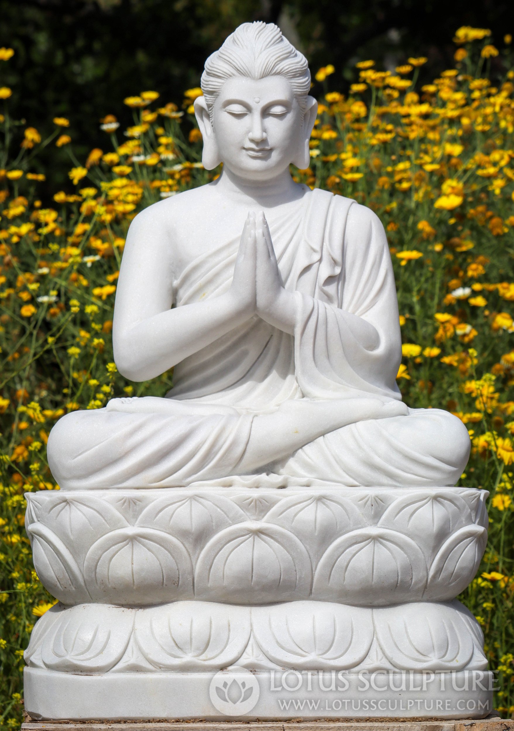 Buddha Sculpture White Marble in Full Lotus & Namaste Hand Position of Greeting 36"