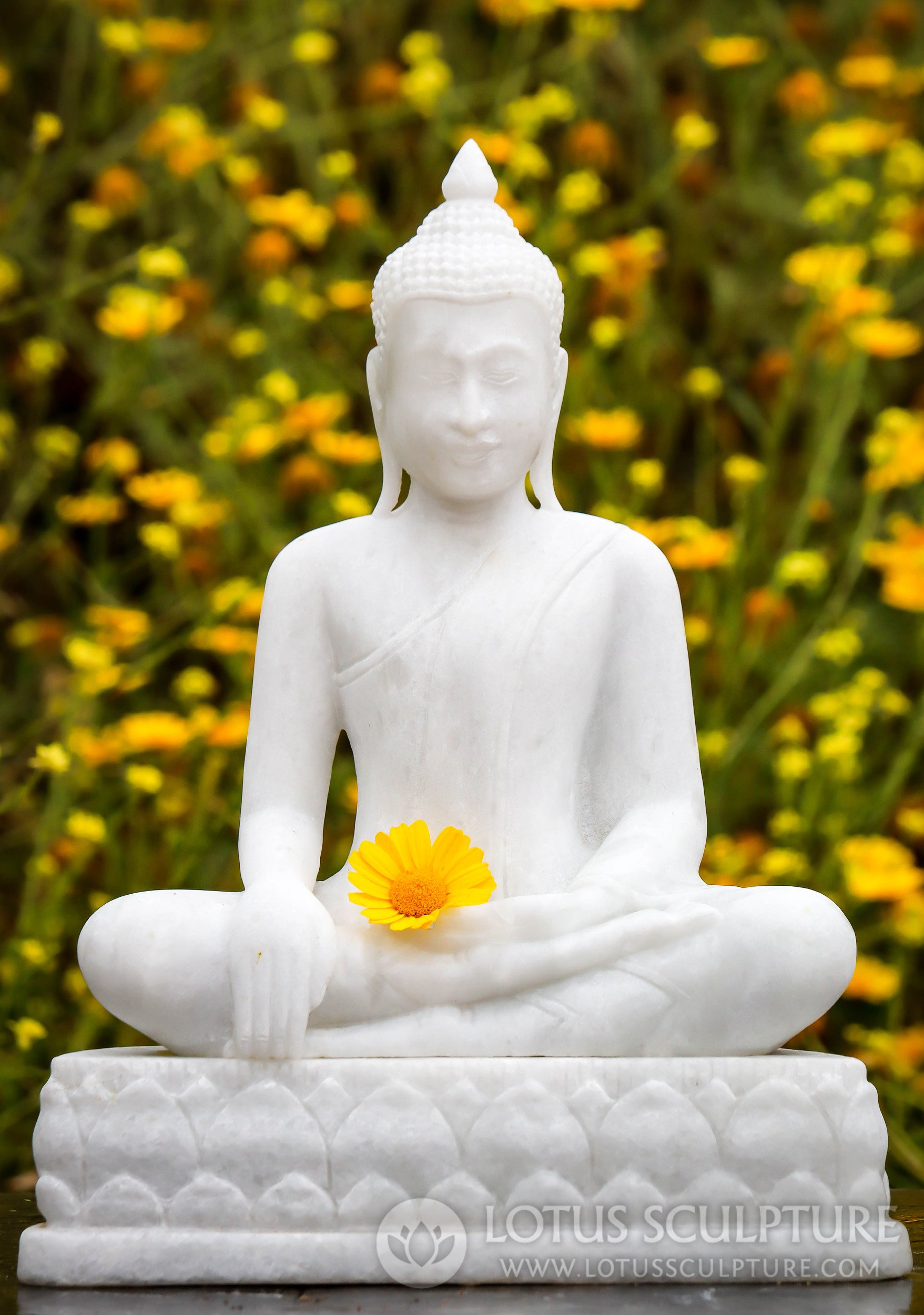 Buddha Statue in Earth Touching Mudra with Lotus Finial White Marble Garden Sculpture 15"