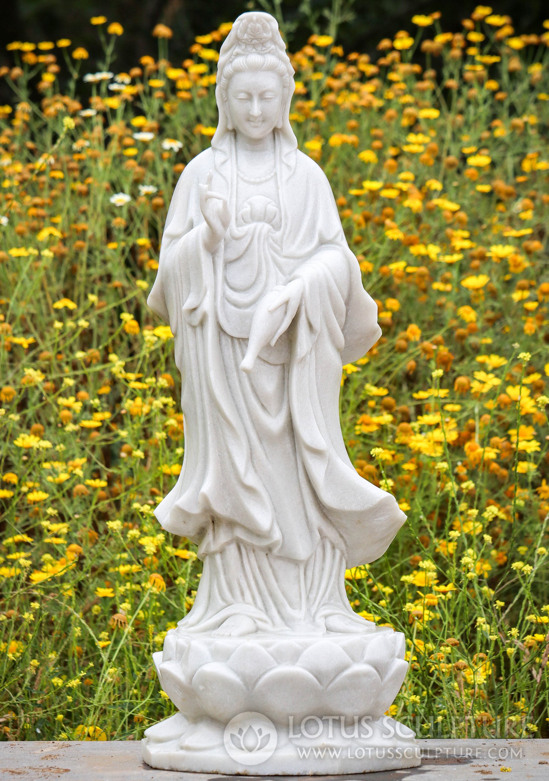 Kwan Yin Statue - Bodhisattva of Compassion on Lotus Base White Marble 39"