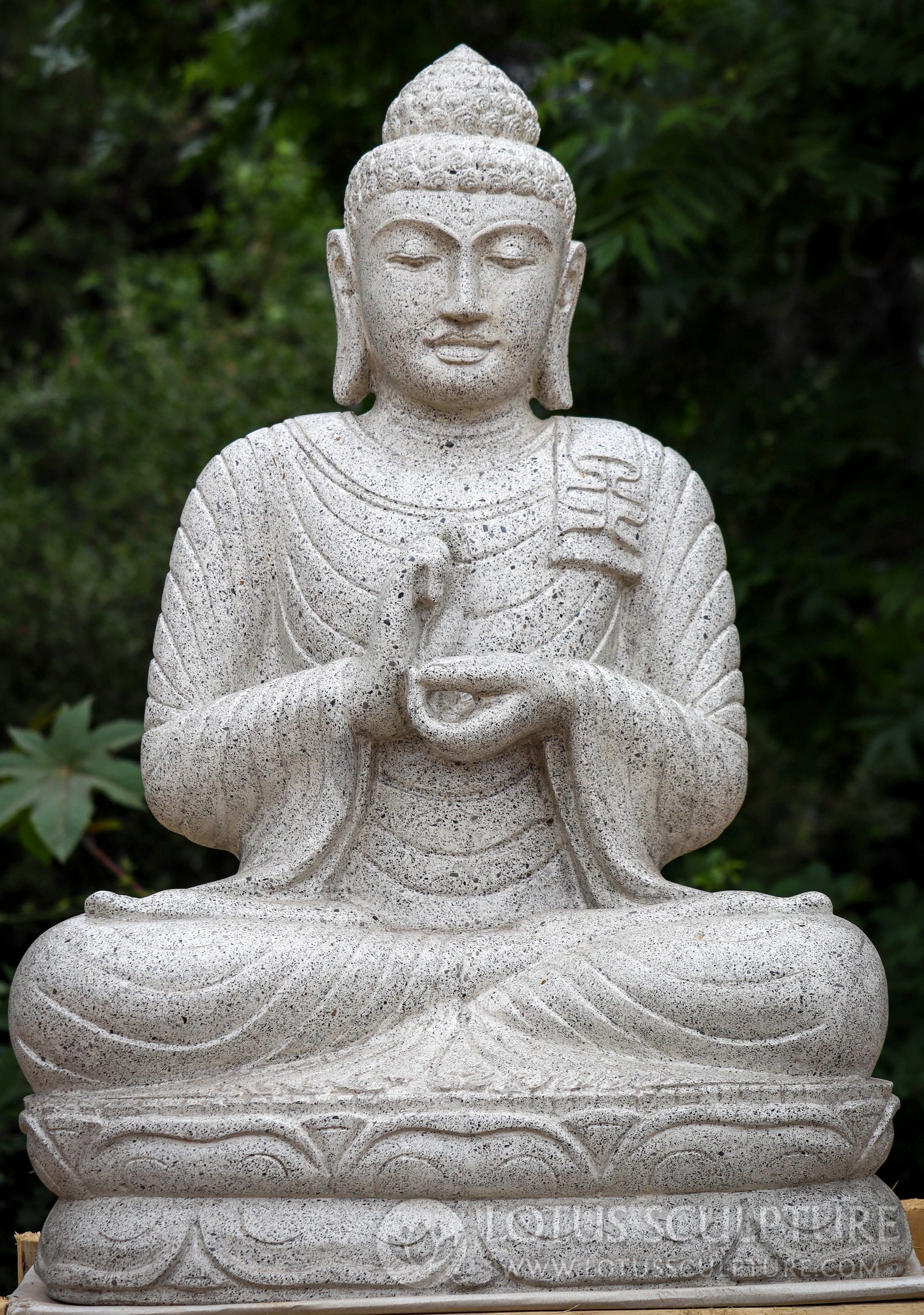 Buddha Garden Statue - Terrazzo Finish, Dharma Chakra Mudra, Hand-Carved Stone 39"