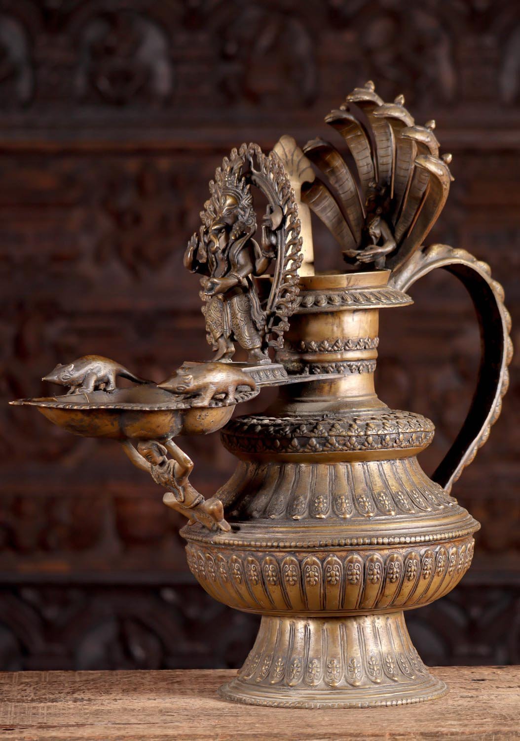 Ganesh Diya Oil Lamp with Beautiful Antique Patina Nepalese Brass with Intricate Detailing 21"