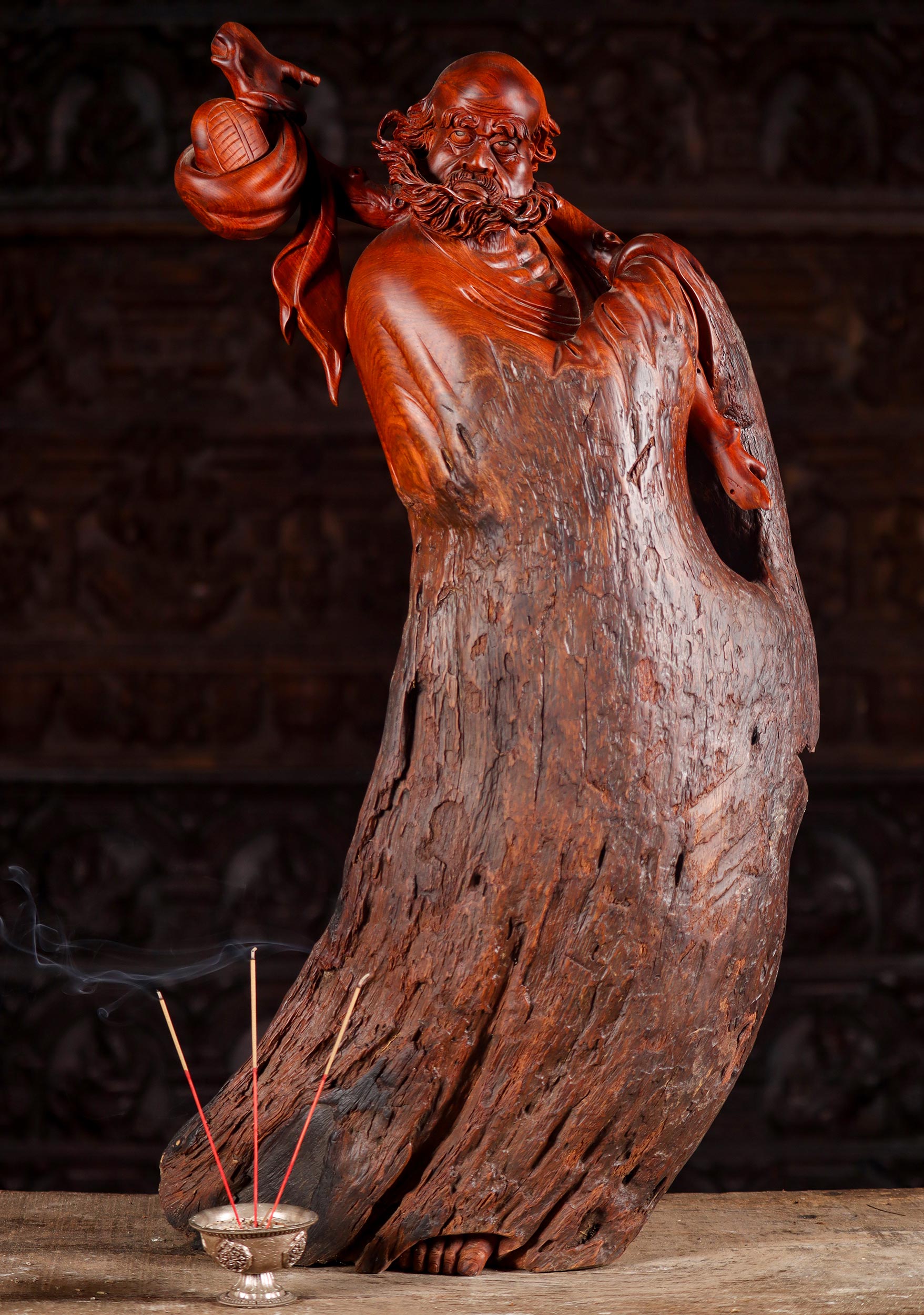 Bodhidharma Emerging from Twisted Natural Vietnamese Hardwood Sculpture 29"