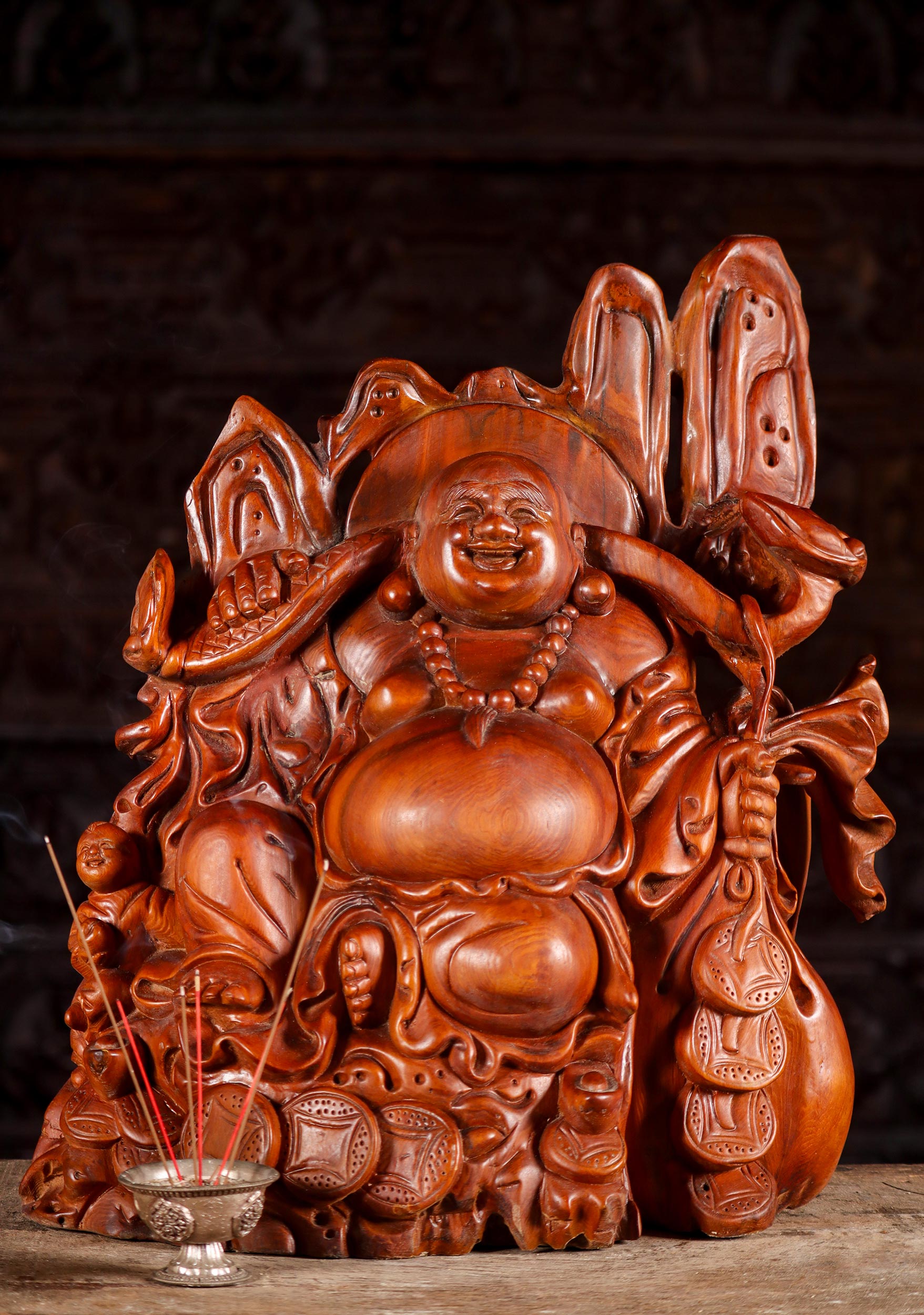 Buddha of Wealth Wood Sculpture With Sack of Coins, Wish Stick, & Child 19.5"