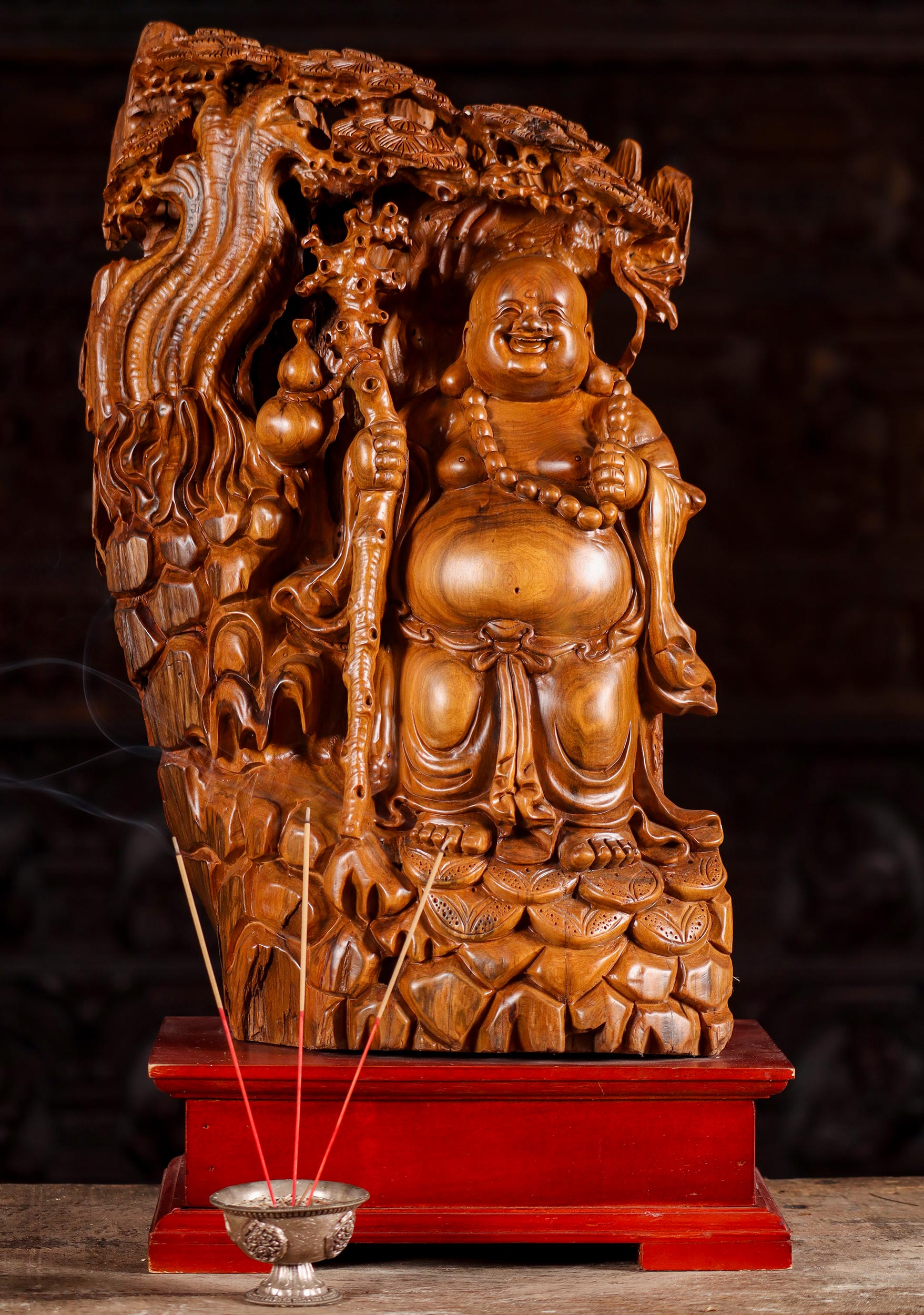 Fat Buddha of Wealth Sculpture Standing Under Bodhi Tree Hand Carved Wood 24"