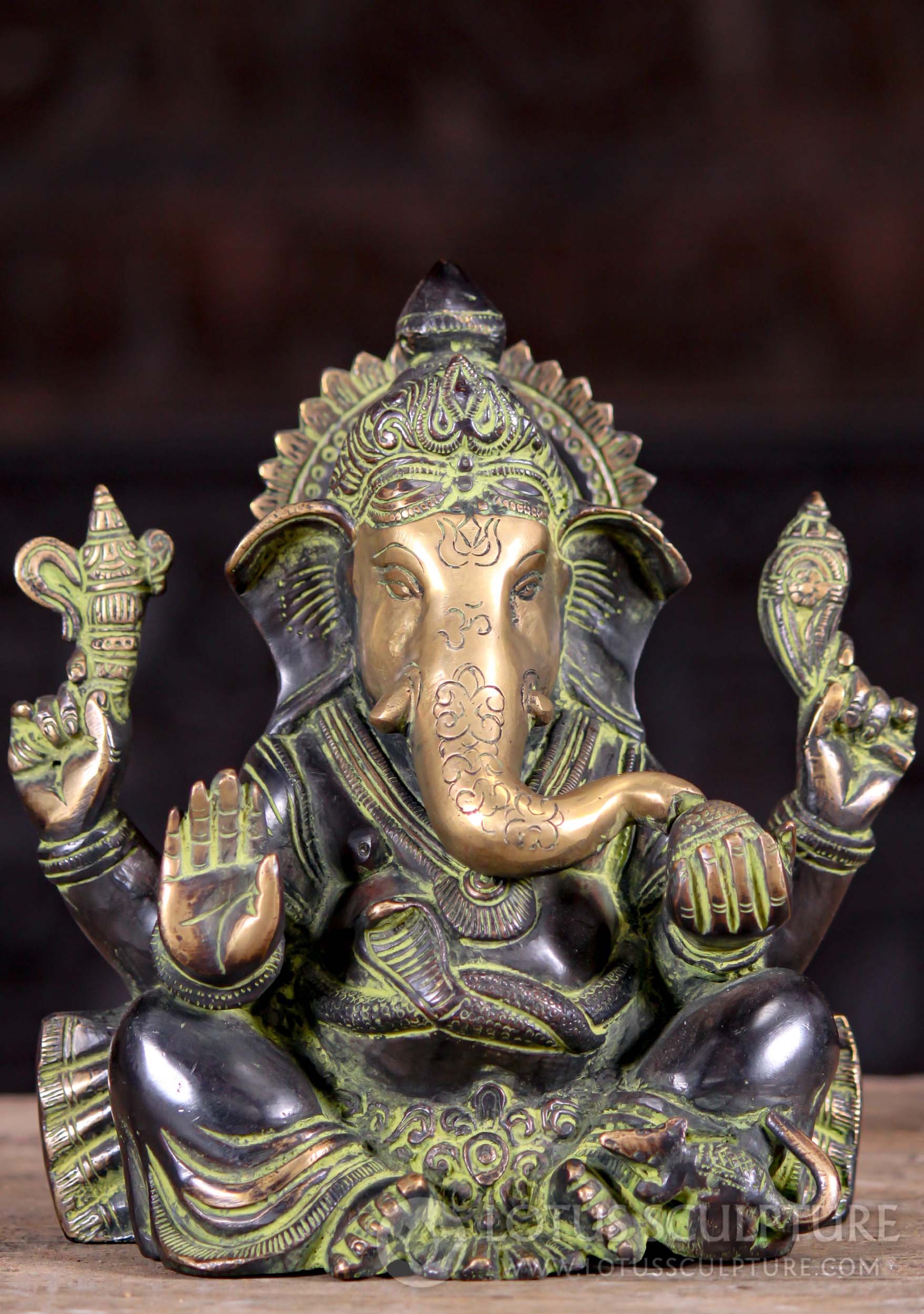 Brass Seated Abhaya Mudra Ganesh Statue with Trunk Reaching for Modak in Hand 8"