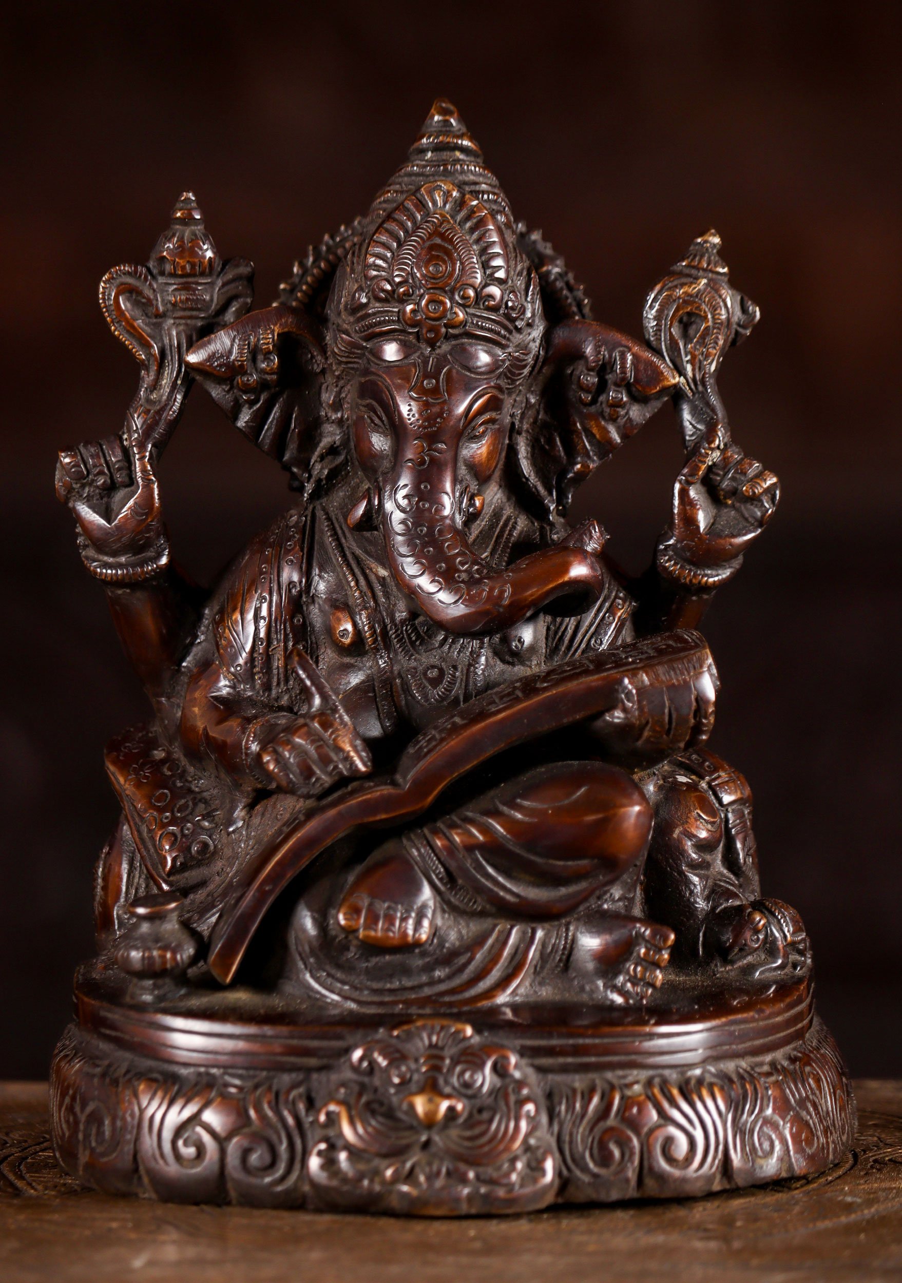 Charming Brass Seated Ganesh with Mahakala Base Writing the Mahabharata Epic  8"