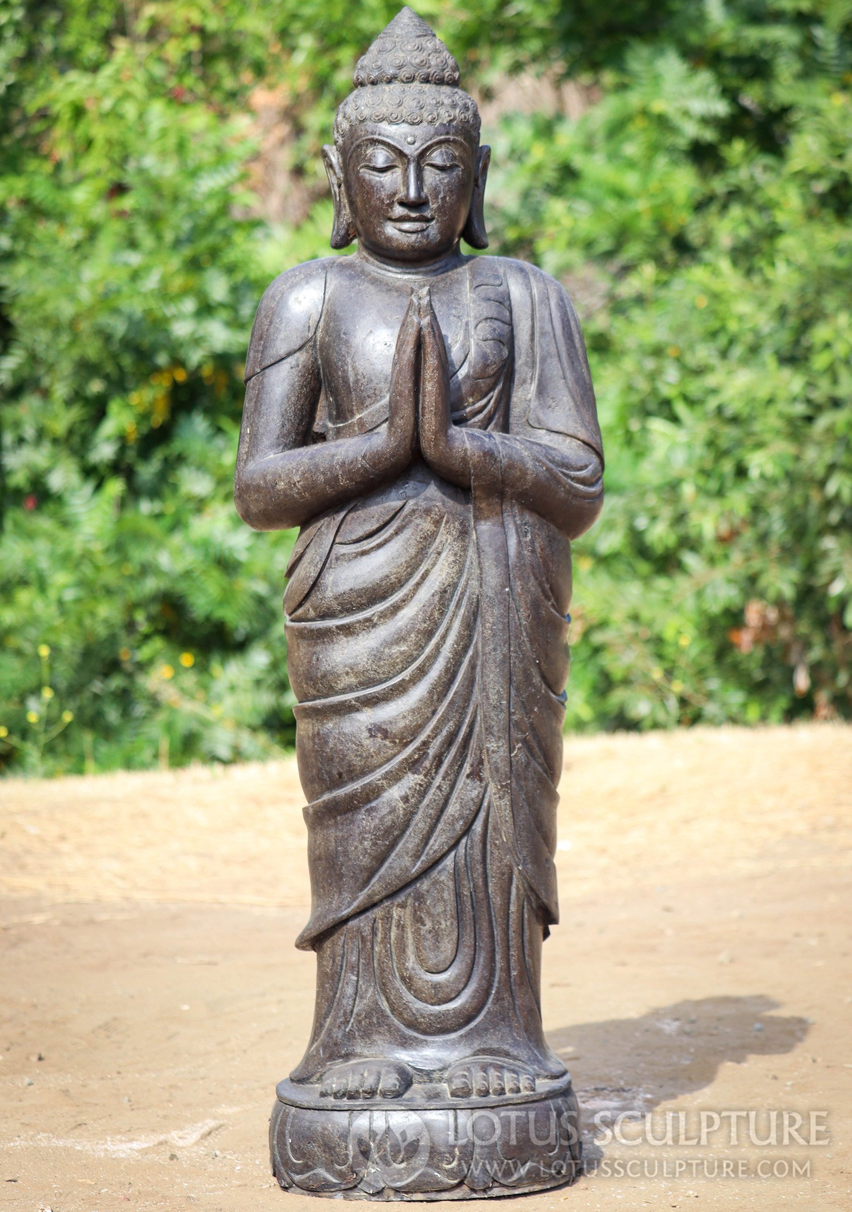 Buddha Garden Sculpture Standing in Namaste Mudra Dark Lava Stone Statue 48"