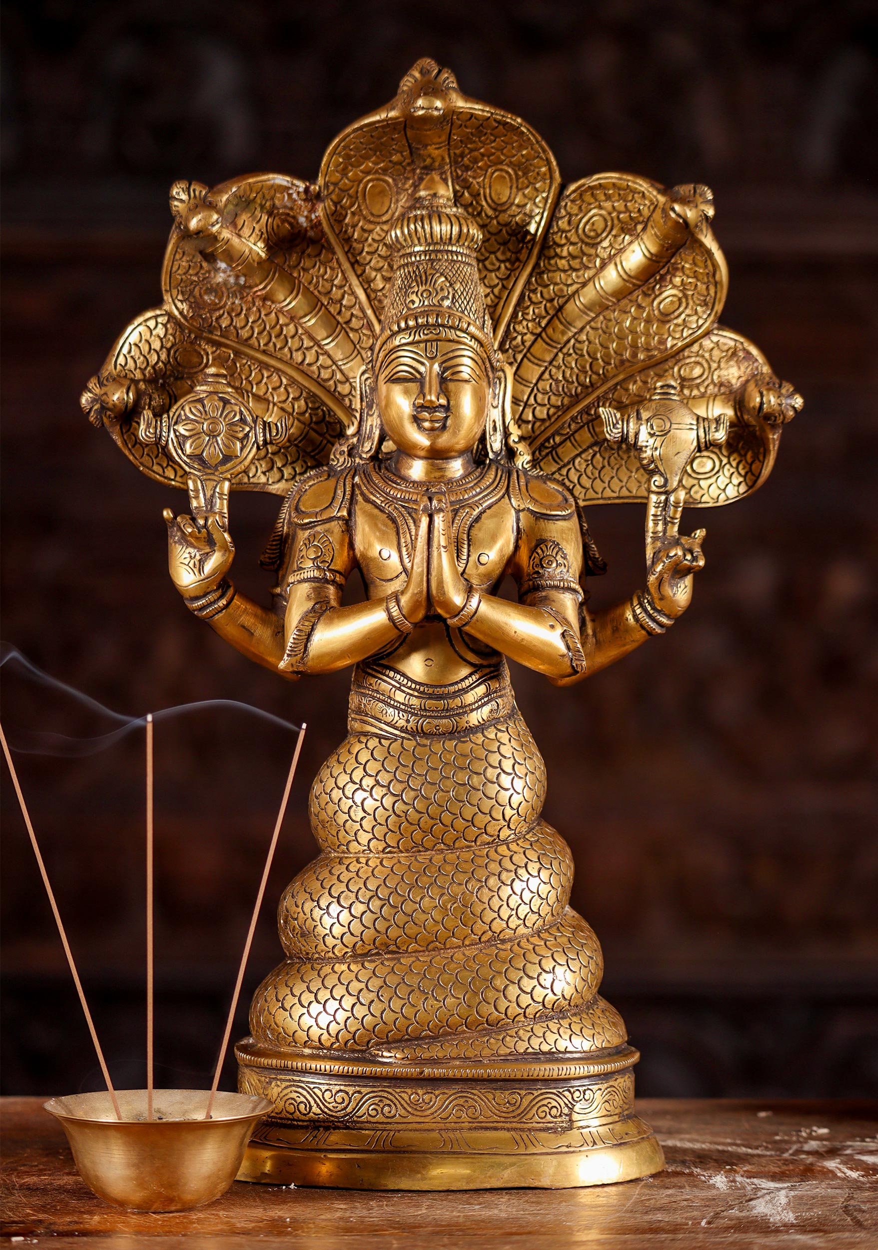 Patanjali Serpent-Wrapped Brass Sculpture: Father of Yoga with Conch and Discus 15"