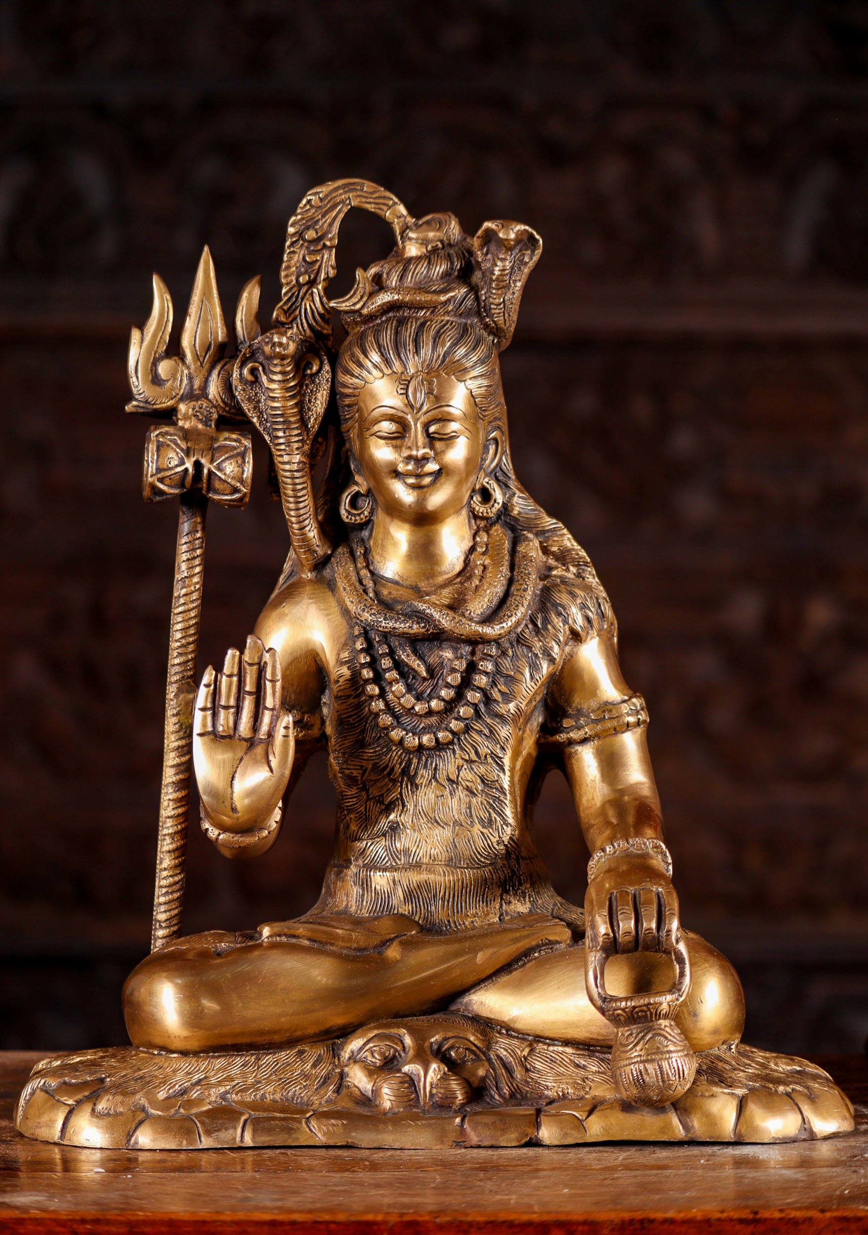 Shiva Brass Murti Seated on Tiger Skin in Padmasana with Trident,  Kamandal & Cobra 16"