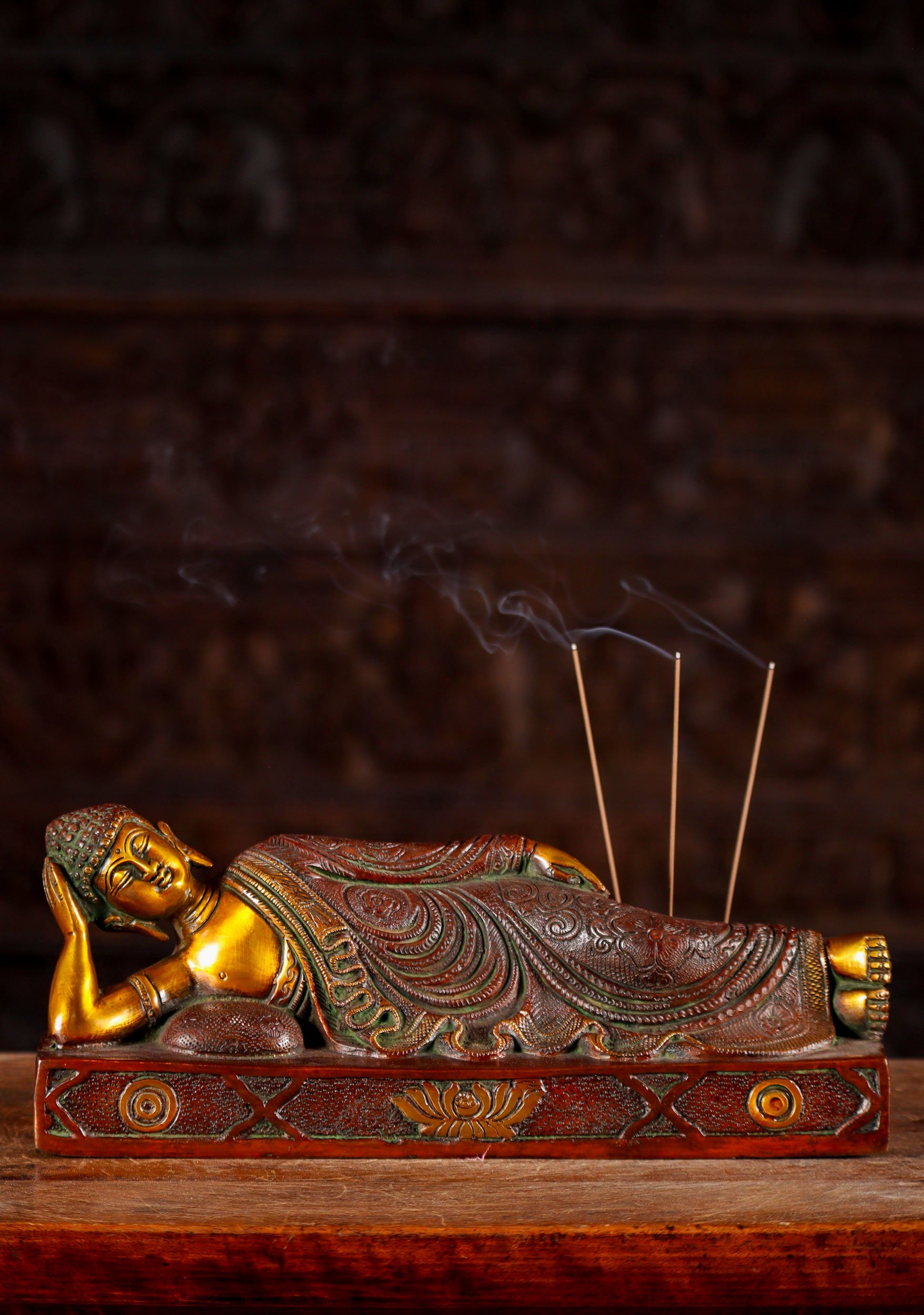 Buddha Brass Reclining Sculpture also Known as the Resting, Laying or Dying Buddha 12.5"