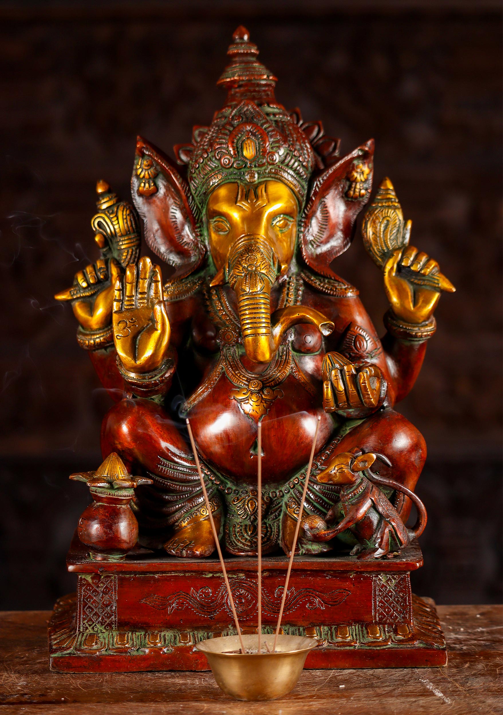 Ganesh Brass Abhaya Mudra Statue Seated Wearing Dhothi with OM Symbol on Palm 17"