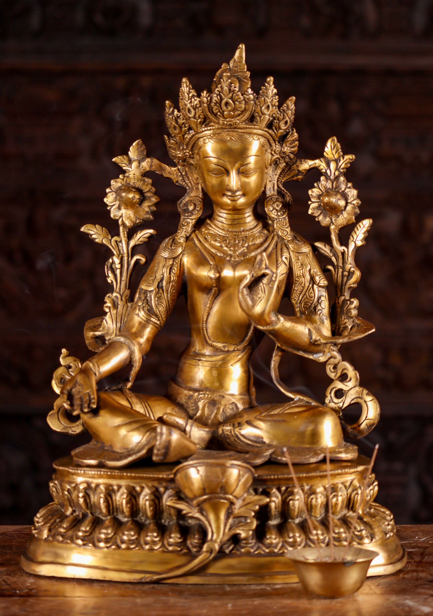 Green Tara Statue Seated on Double Lotus with Two Blooming Flowers Brass Figure 18"