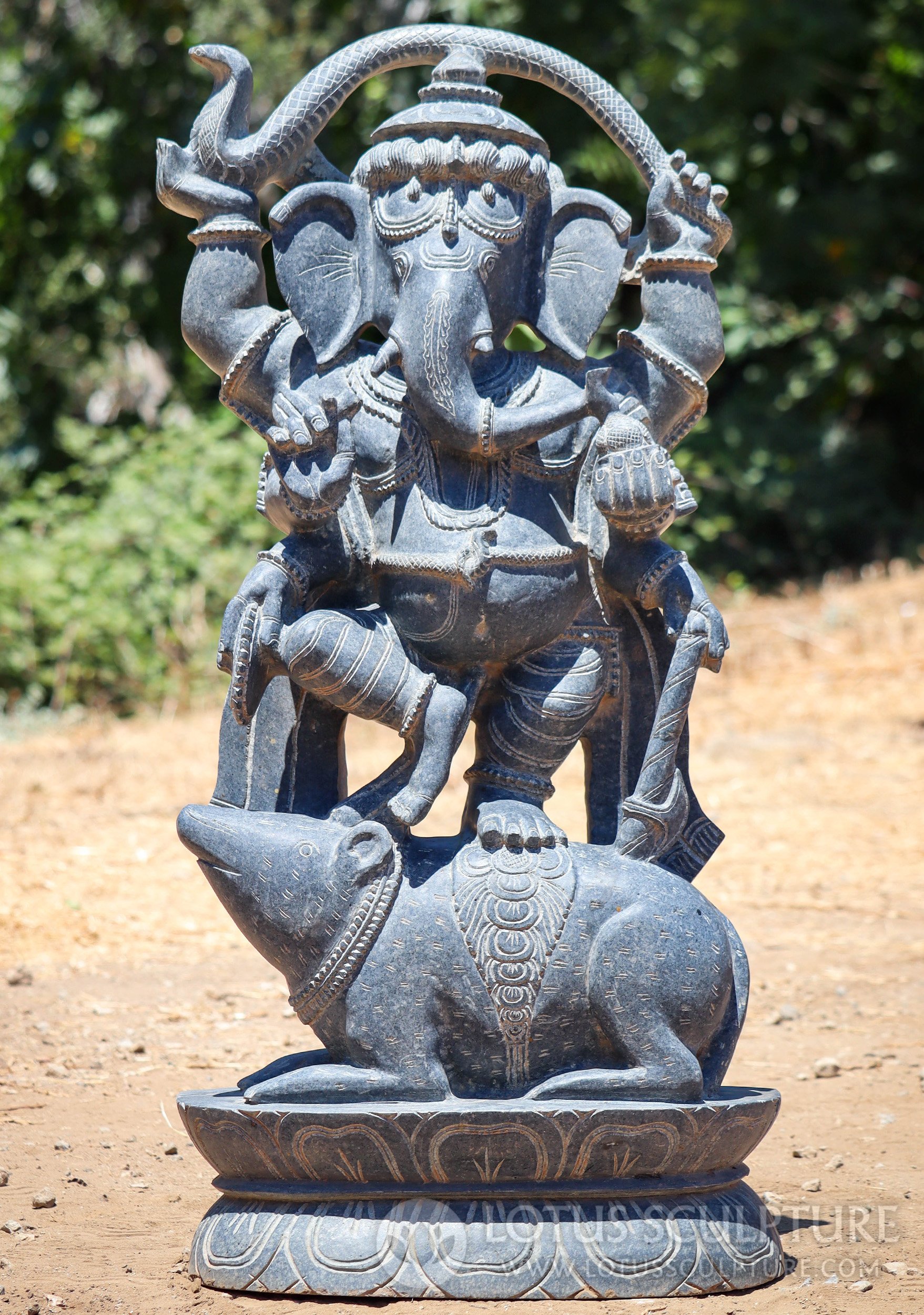 Ganesh Garden Statue Odishan Granite Sculpture Dancing on Mooshika with Cobra 37"