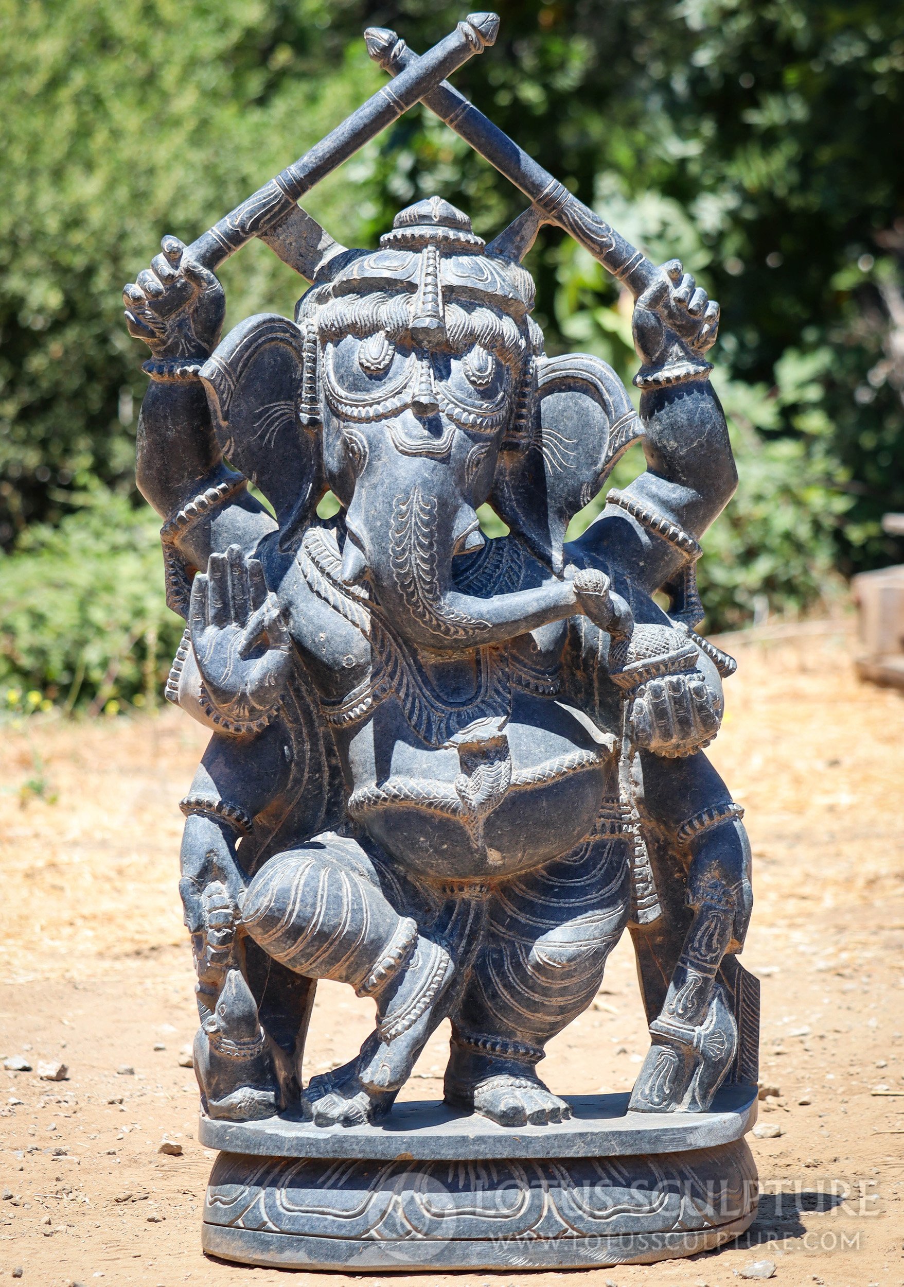 Ganesh Hand-Carved Odishan Granite Statue with Six Arms Holding Batons 39"