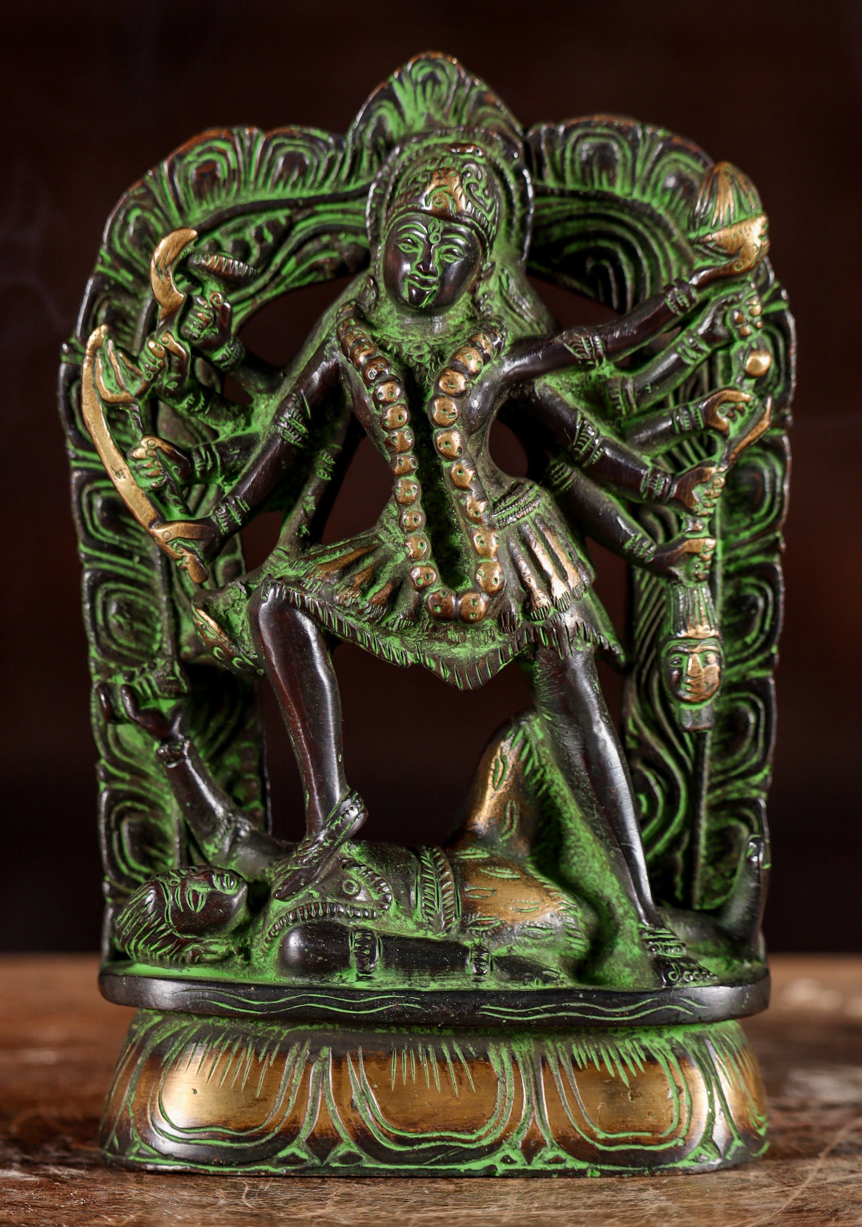 Kali Brass Statue Standing on Corpse of Shiva with 10 Hands Wearing Necklace of Skulls 7"