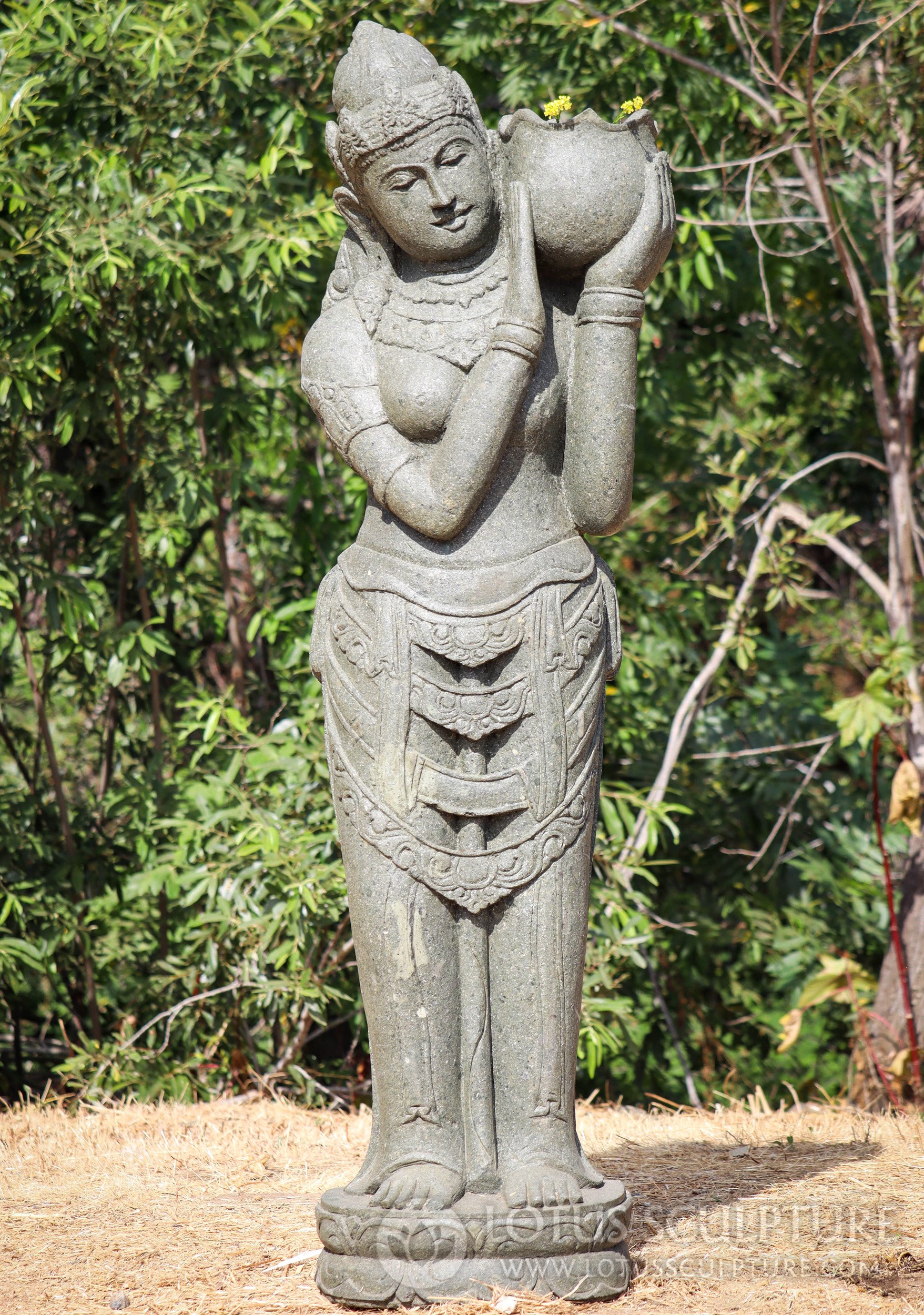 Devi Tara Holding Large Bowl Over Her Shoulder Hand Carved Lava Stone Sculpture 62"