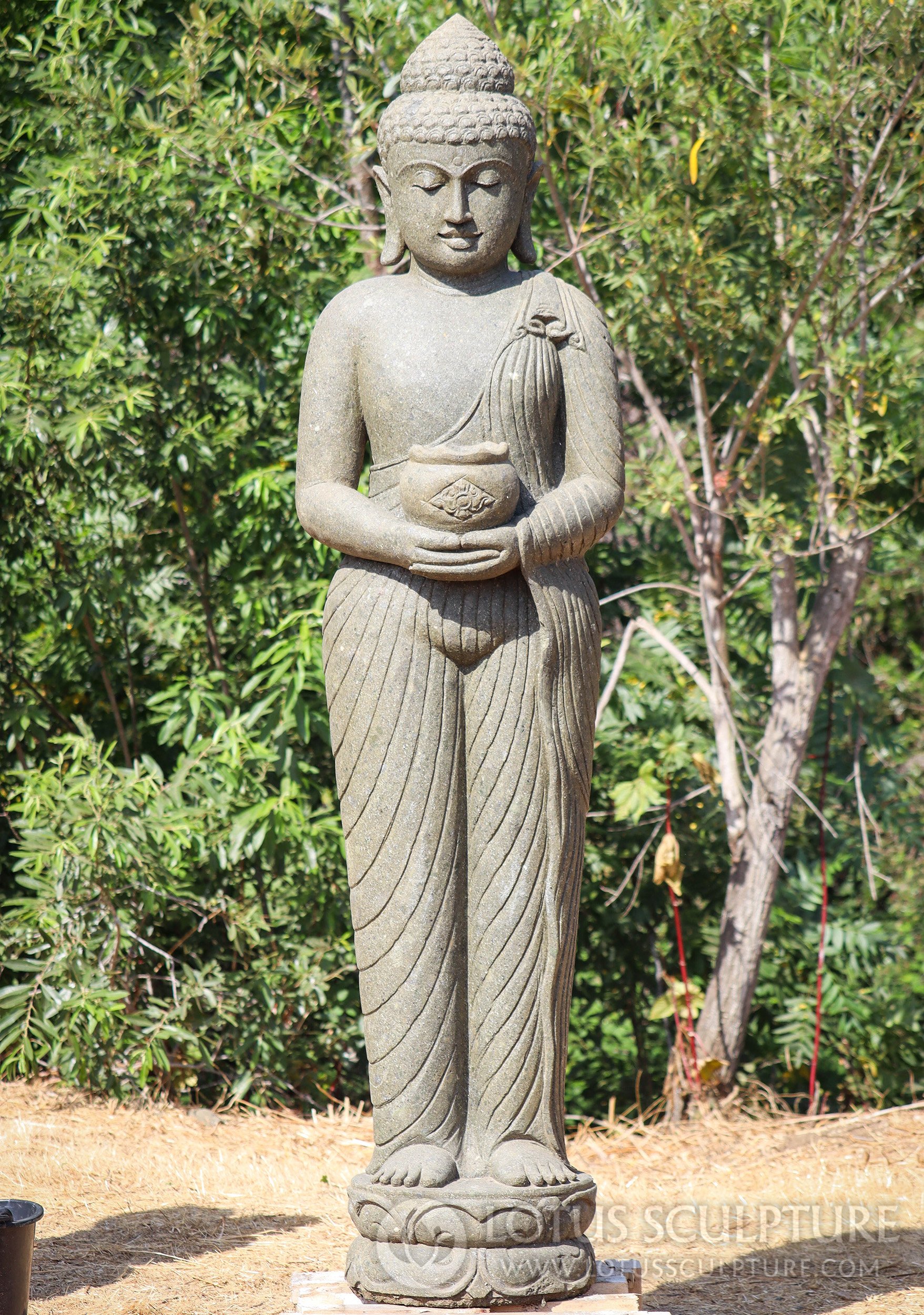 Standing Buddha Sculpture with Alms Bowl Hand Carved from green Lava Stone 81"