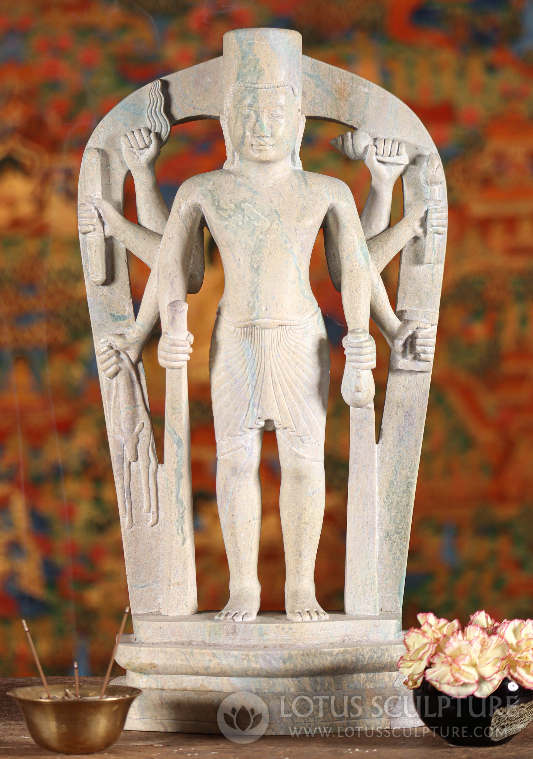 Vishnu Statue with Eight Arms - Intricate Details in Unpolished Cambodian Marble 16"