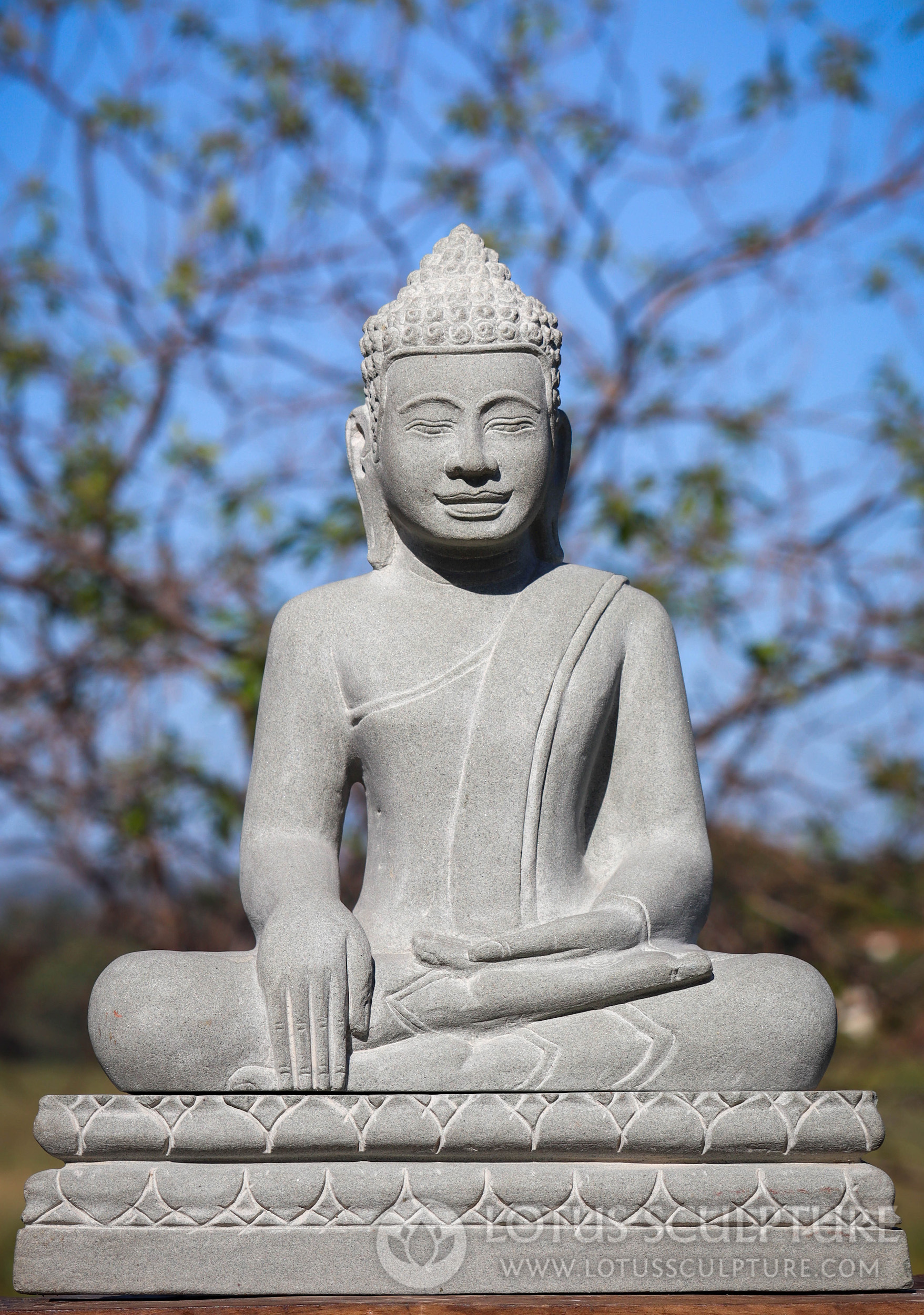 Buddha Sandstone Statue - Earth-Touching Mudra, Seated in Half Lotus with Serene Smile 18"