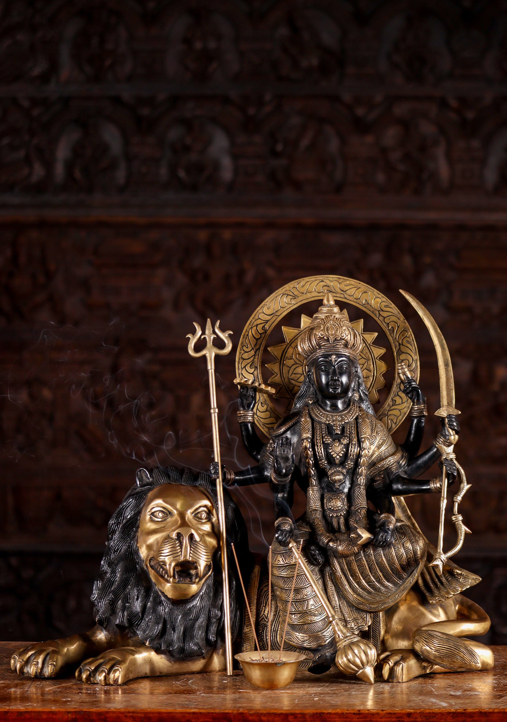 Large Durga Statue Seated on Her Vehicle Lion Holding a Large Club, Sword & Trident 17"