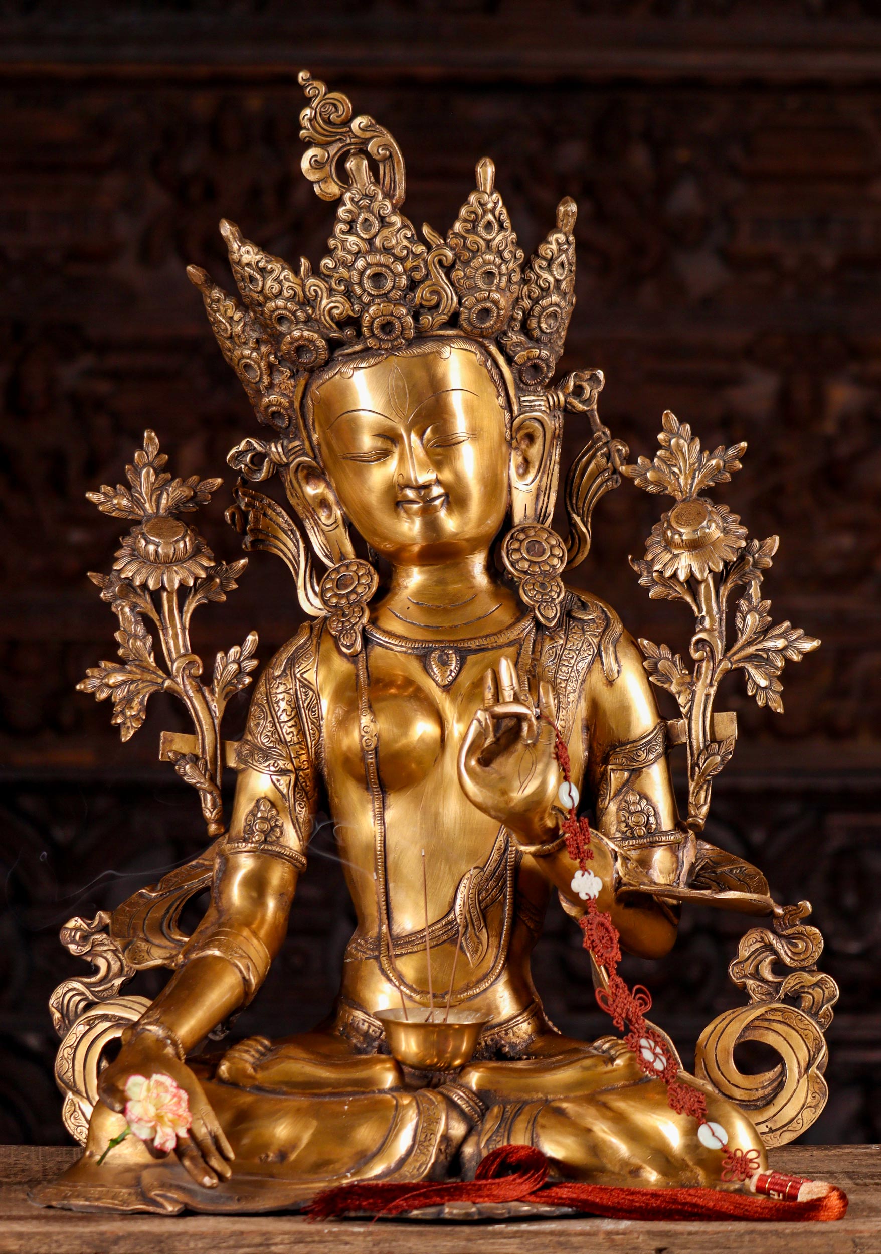 White Tara Statue Seated in Full Lotus Pose Holding 2 Lotus Flowers Brass Figure 28"