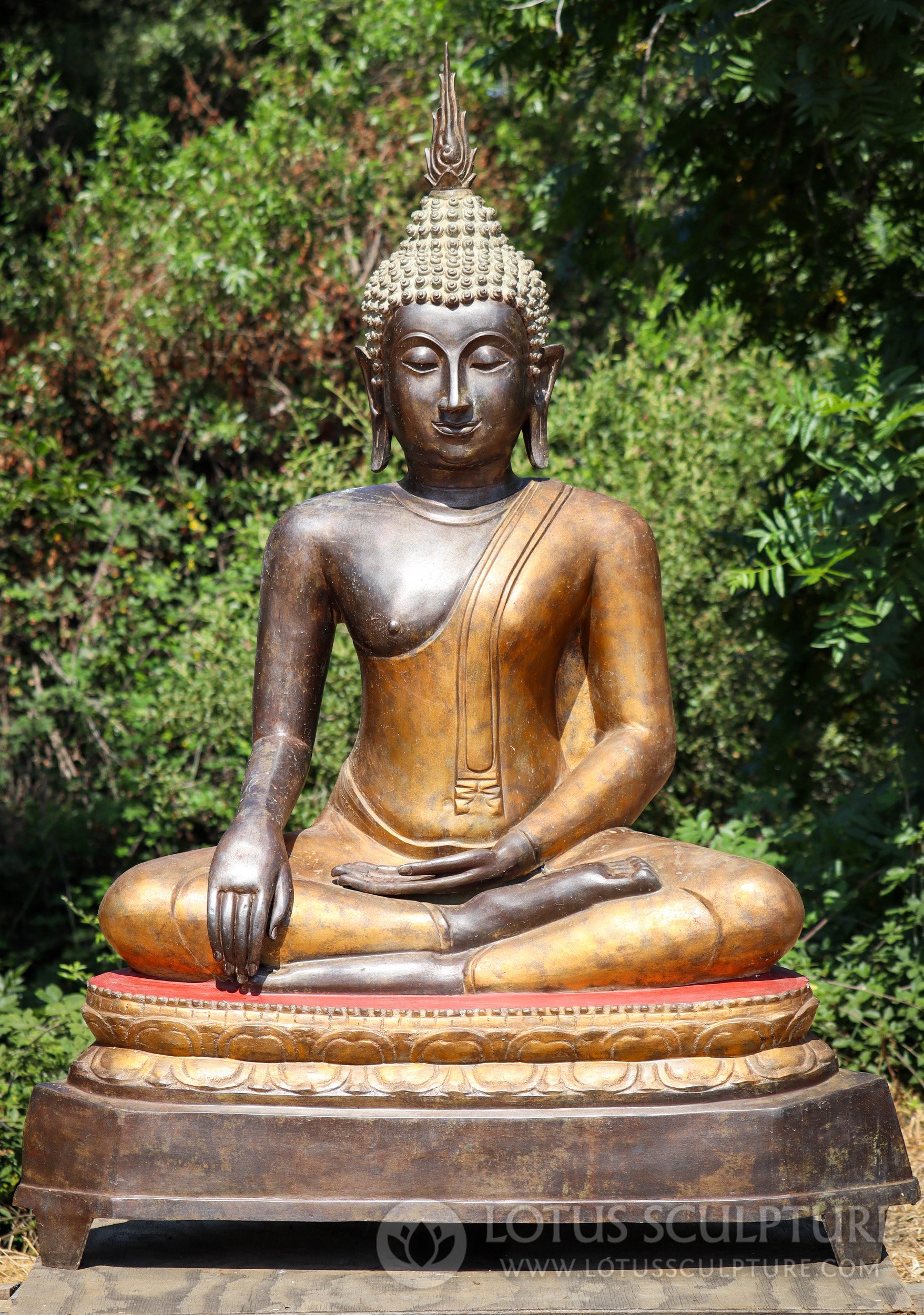 Buddha Large Statue in Earth Touching Mudra Seated in Half Lotus Position, Thai Brass 70"