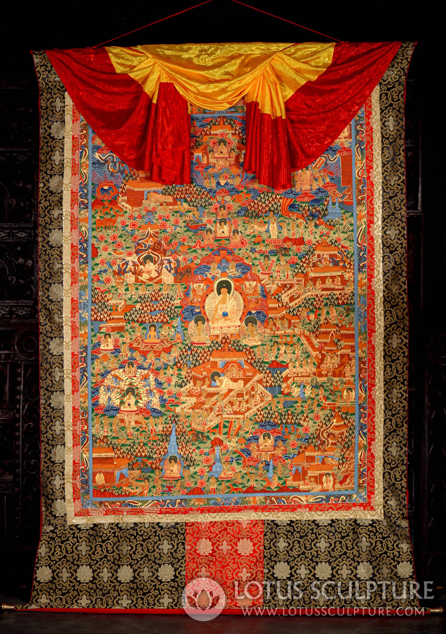 Thangka with Silk Brocade Large Nepalese Hand Painted Tibetan Life of Lord Buddha Buddha  64"x108"