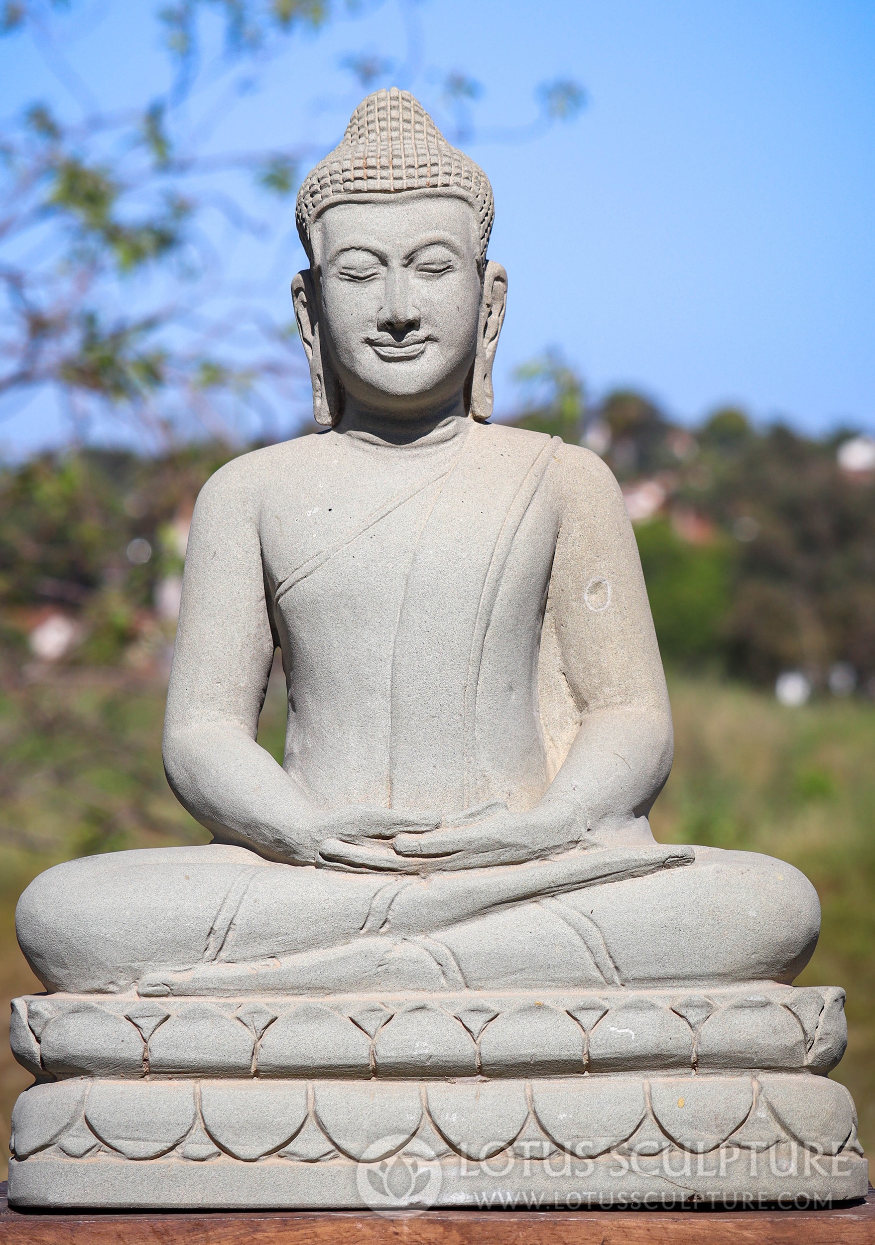 Buddha Sandstone Sculpture in Dhyana Mudra - Meditating on Double Lotus Base 21"