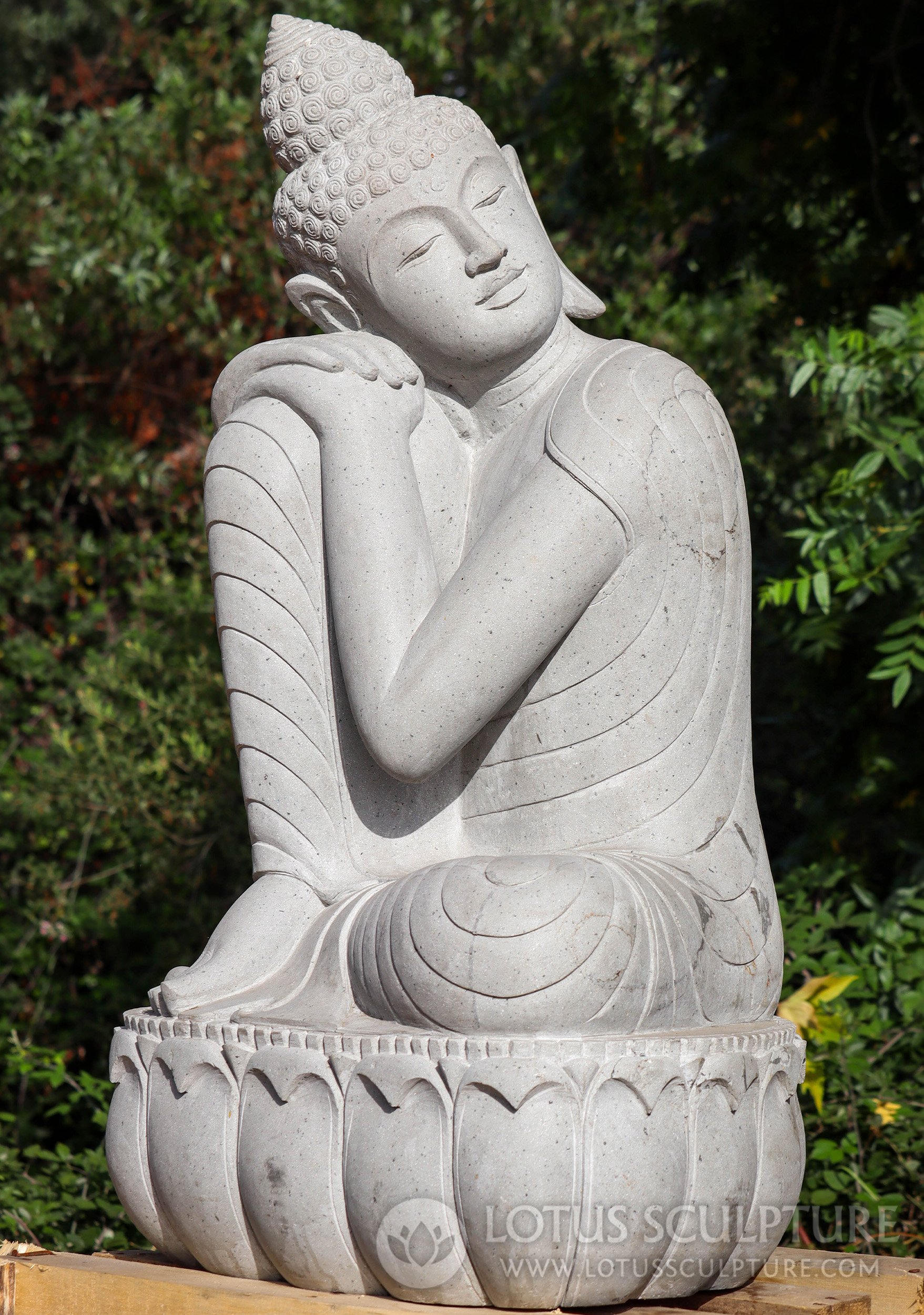 Dreaming Buddha Garden Sculpture Hand Carved Natural Lava Stone on Lotus 49"