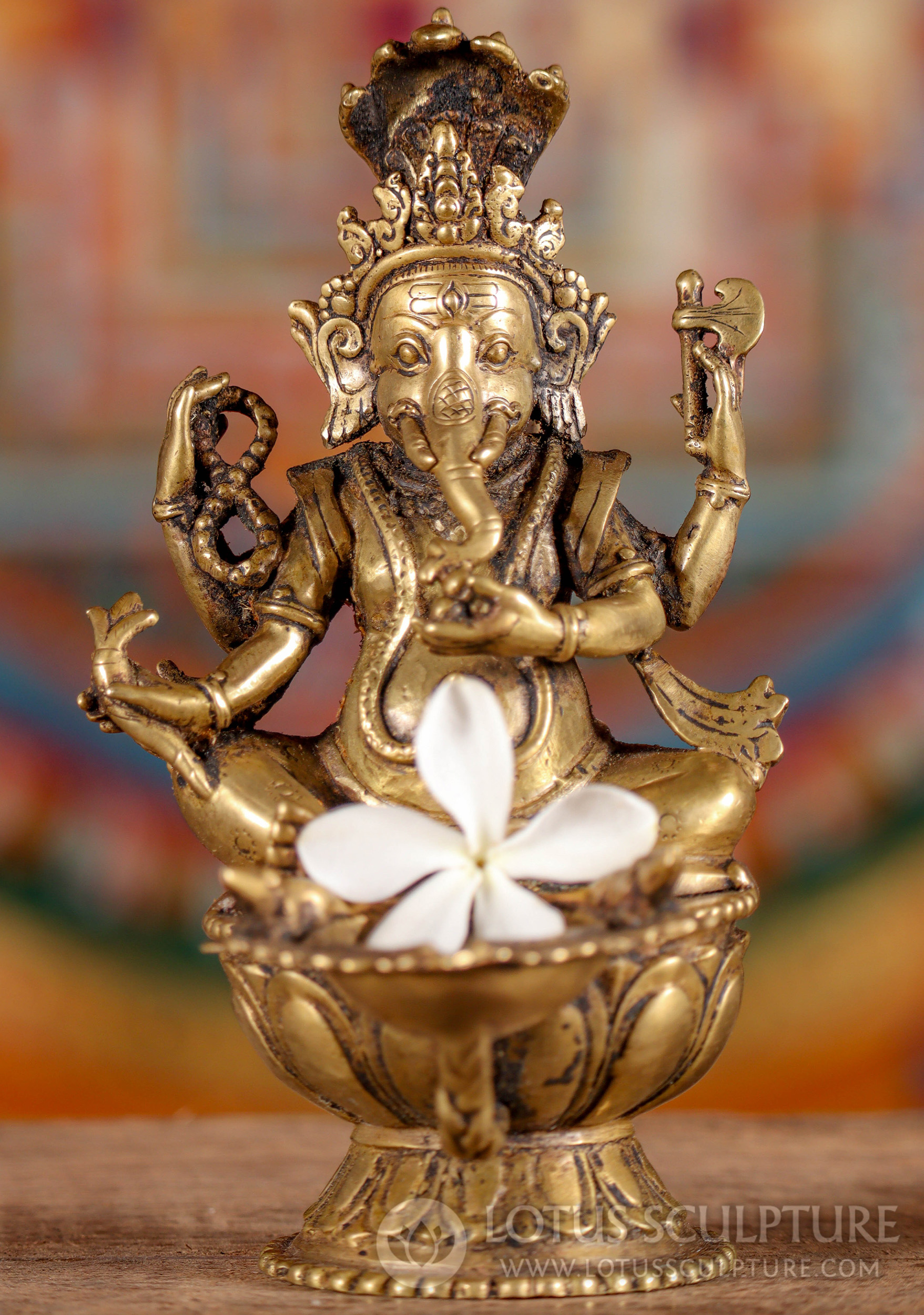 Small Ganesha Deepam Lamp Nepalese Brass Statue with Diya and Hollow Base 7"