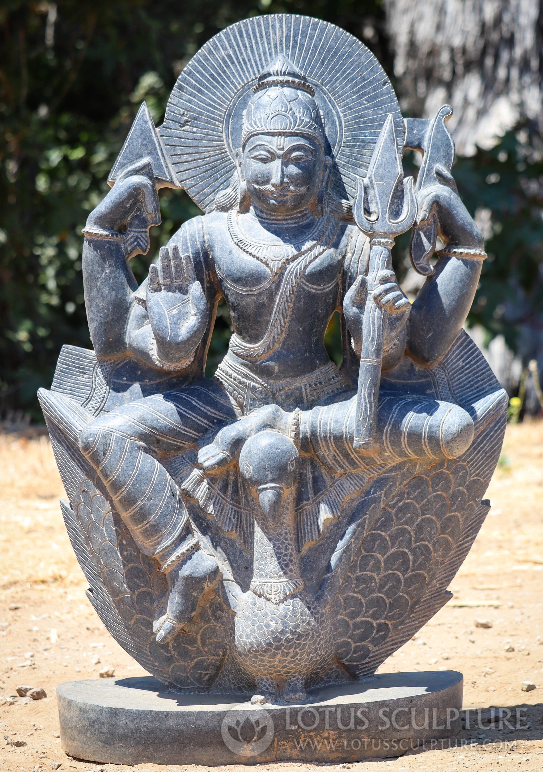 Shani Granite Statue Riding Large Crow with Bow, Arrow, Trident, and Abhaya Mudra 37"