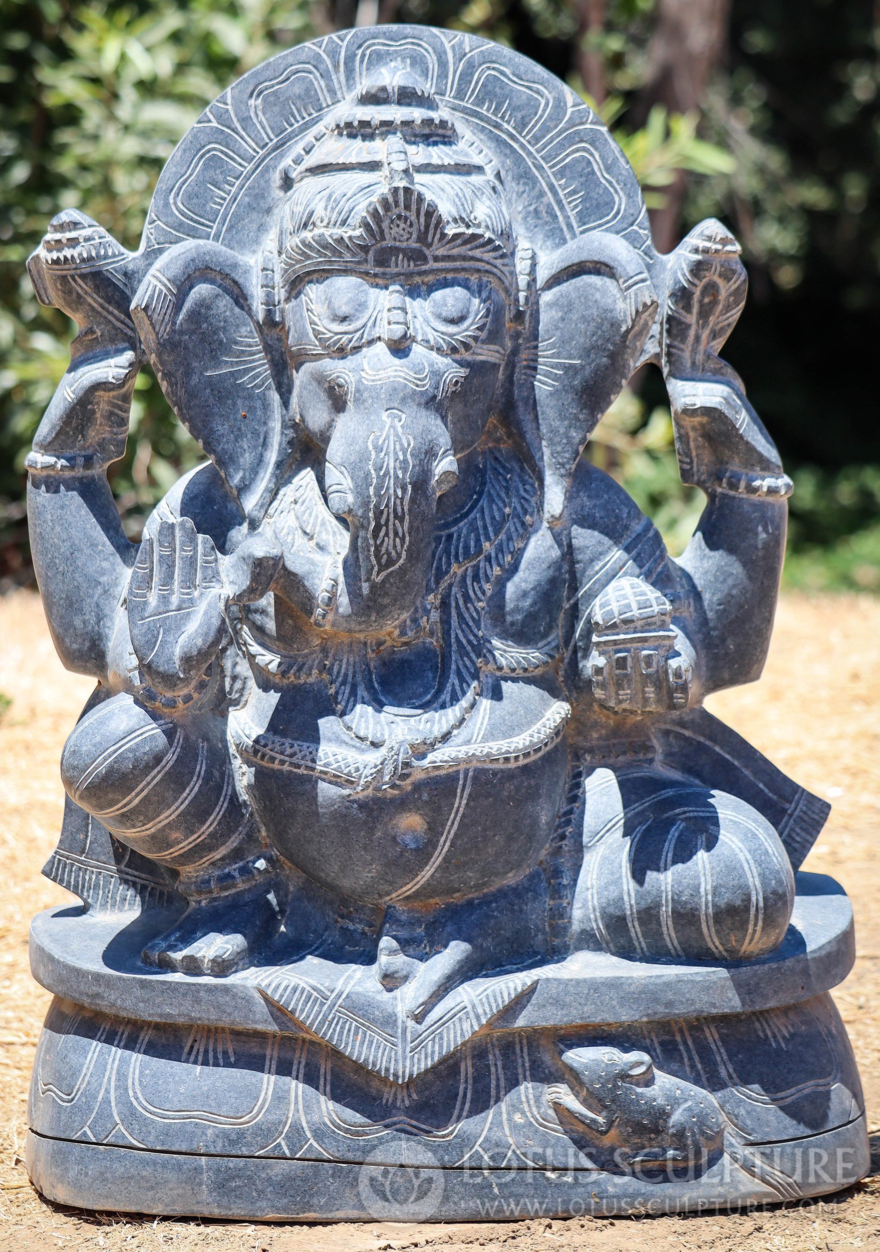 Ganesh Granite Garden Statue with Cobra Belt, Noose, Conch, Bowl of Sweets, and Halo 31"