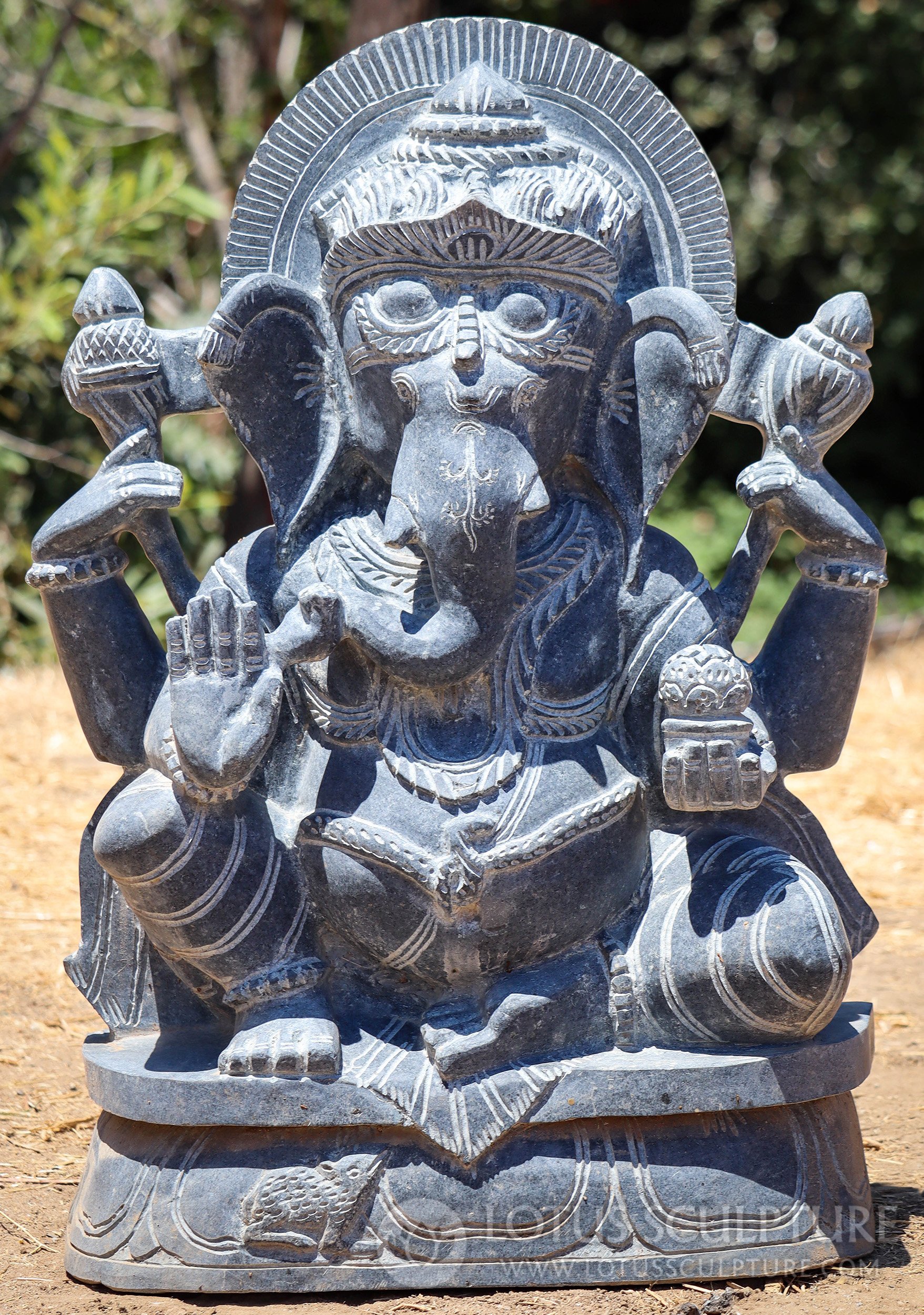 Garden Ganesh Granite Statue with Cobra Belt, Goad, Lotus Bud, and Bowl of Sweets 31"