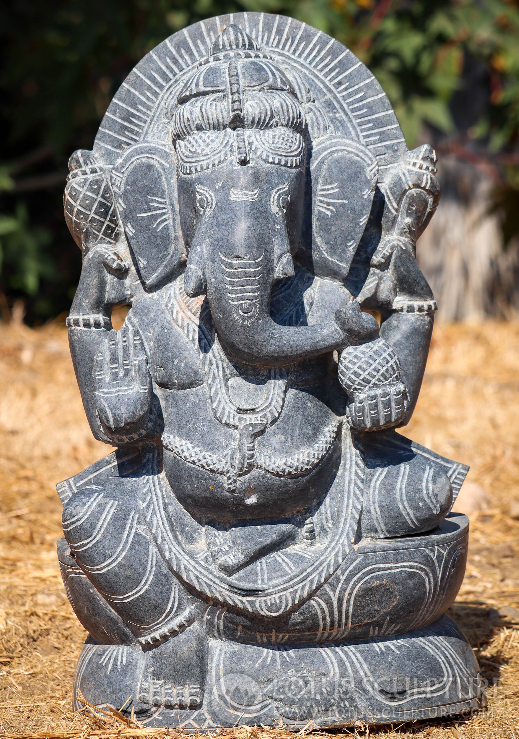 Ganesh Garden Statue in Abhaya Mudra with Ax, Noose, & Sweets Odishan Granite 25"