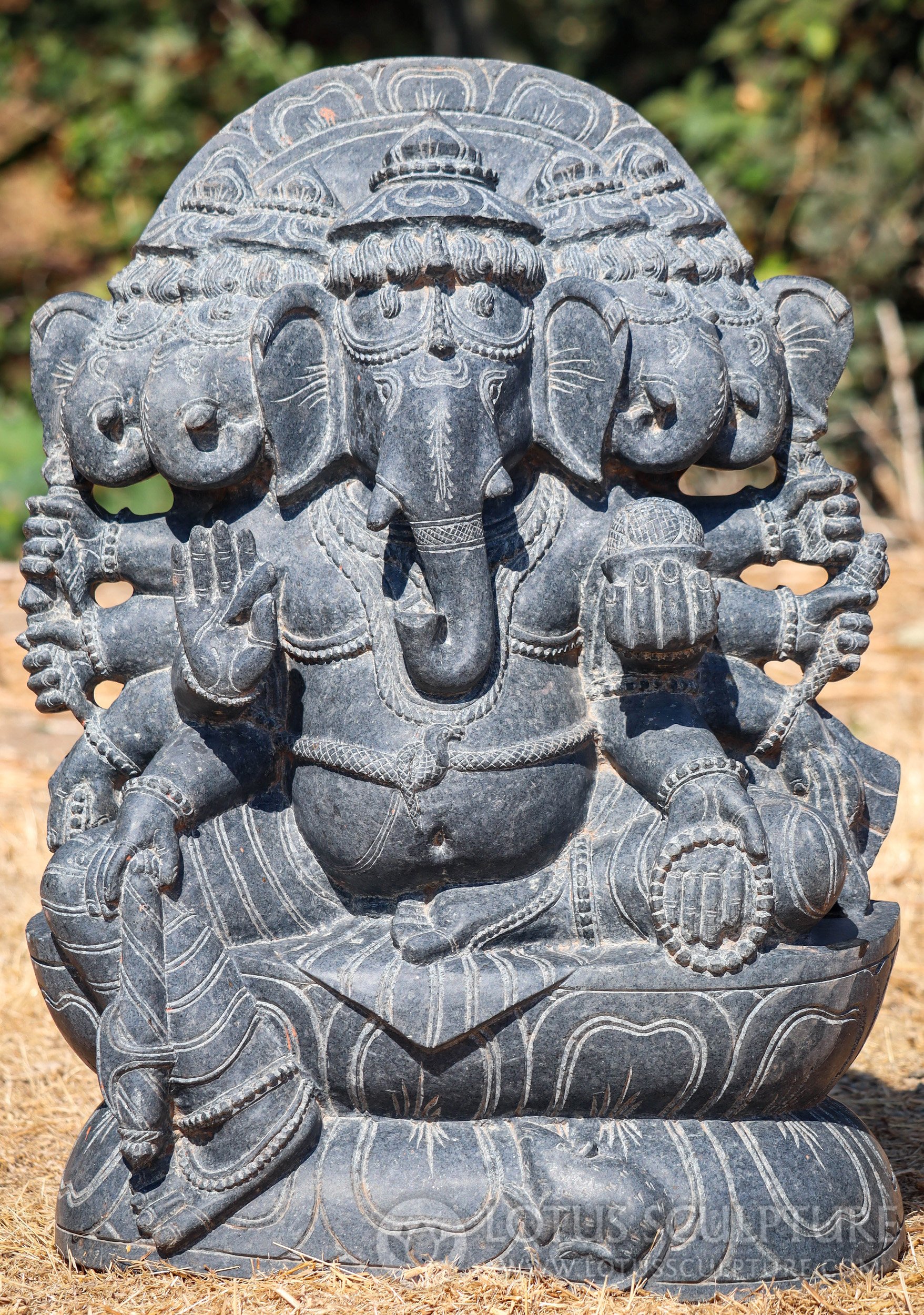 Panchmukhi Ganesh Statue Granite with Five Heads, Ten Arms on Double Lotus Base 25"