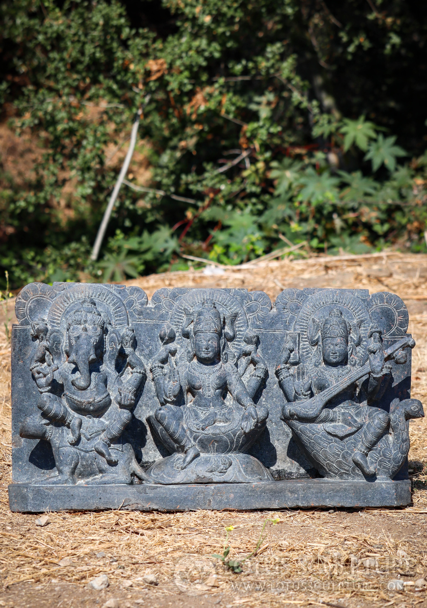 Ganesh, Lakshmi, and Saraswati Hand-Carved Odishan Granite Garden Sculpture 24"