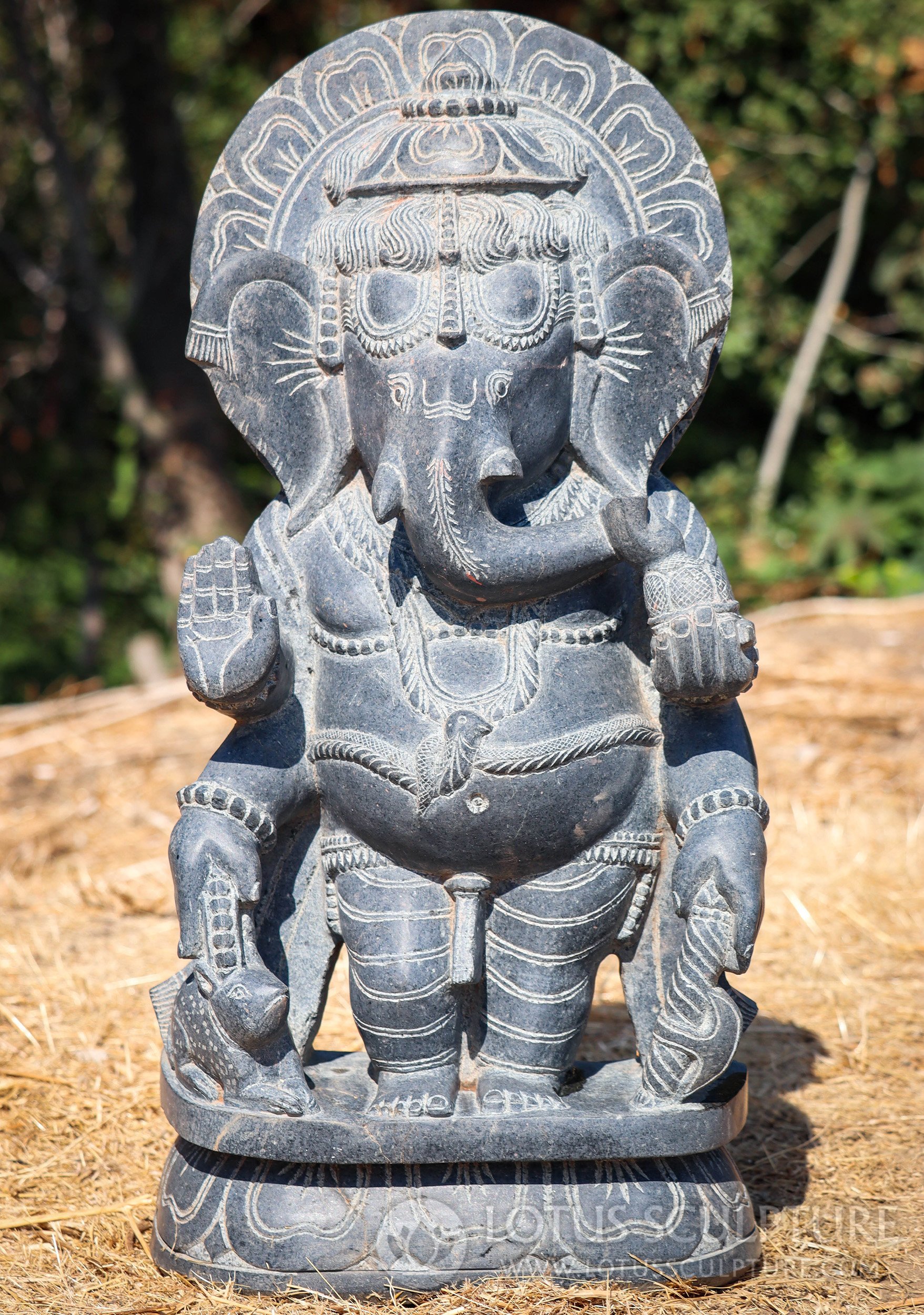 Ganesh Garden Sculpture Standing with Four Arms and Mooshika Odishan Granite 27"