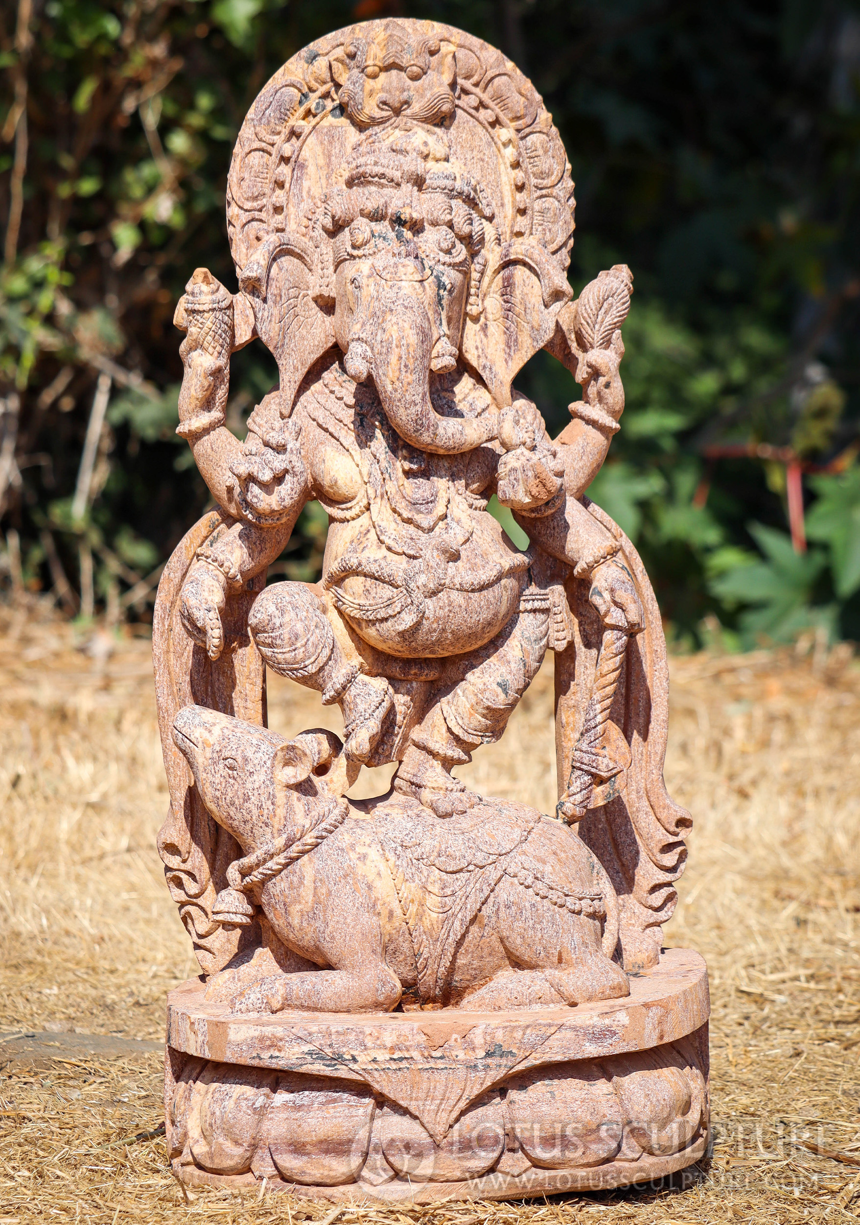 Ganesh Garden Sculpture Hand-Carved Odishan Sandstone Dancing on Mooshika 30"