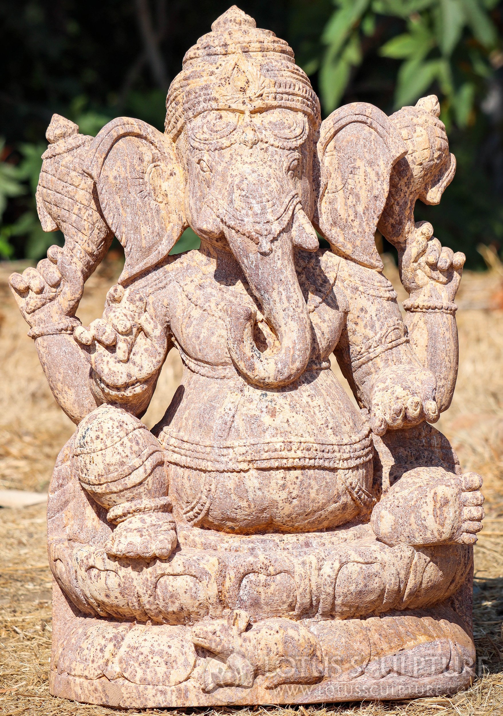 Ganesh Garden Statue with Right-Curved Trunk Hand-Carved Odishan Sandstone 25"