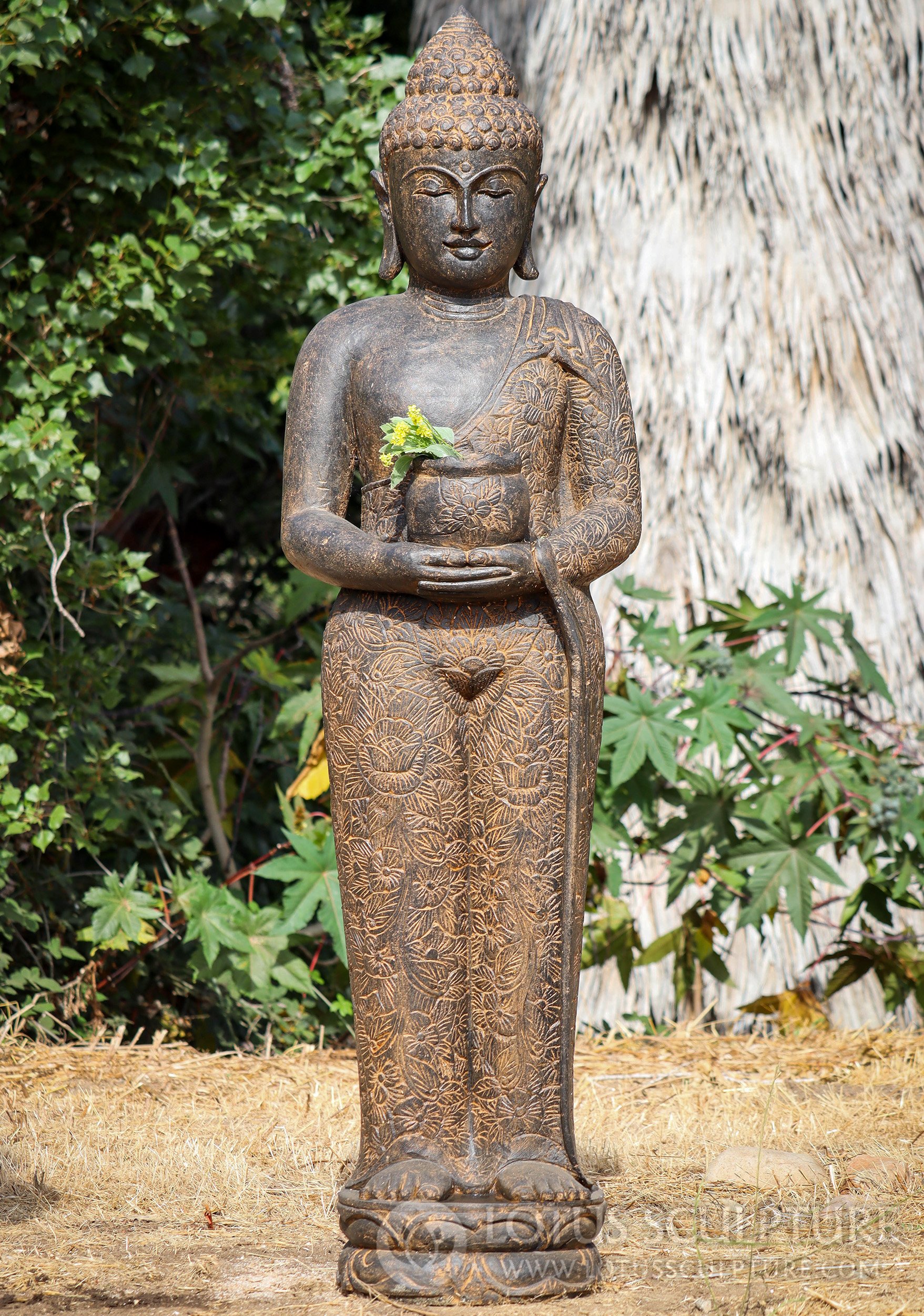 Buddha Sculpture Holding Alms Bowl Hand Carved Lava Stone Standing Statue 63"