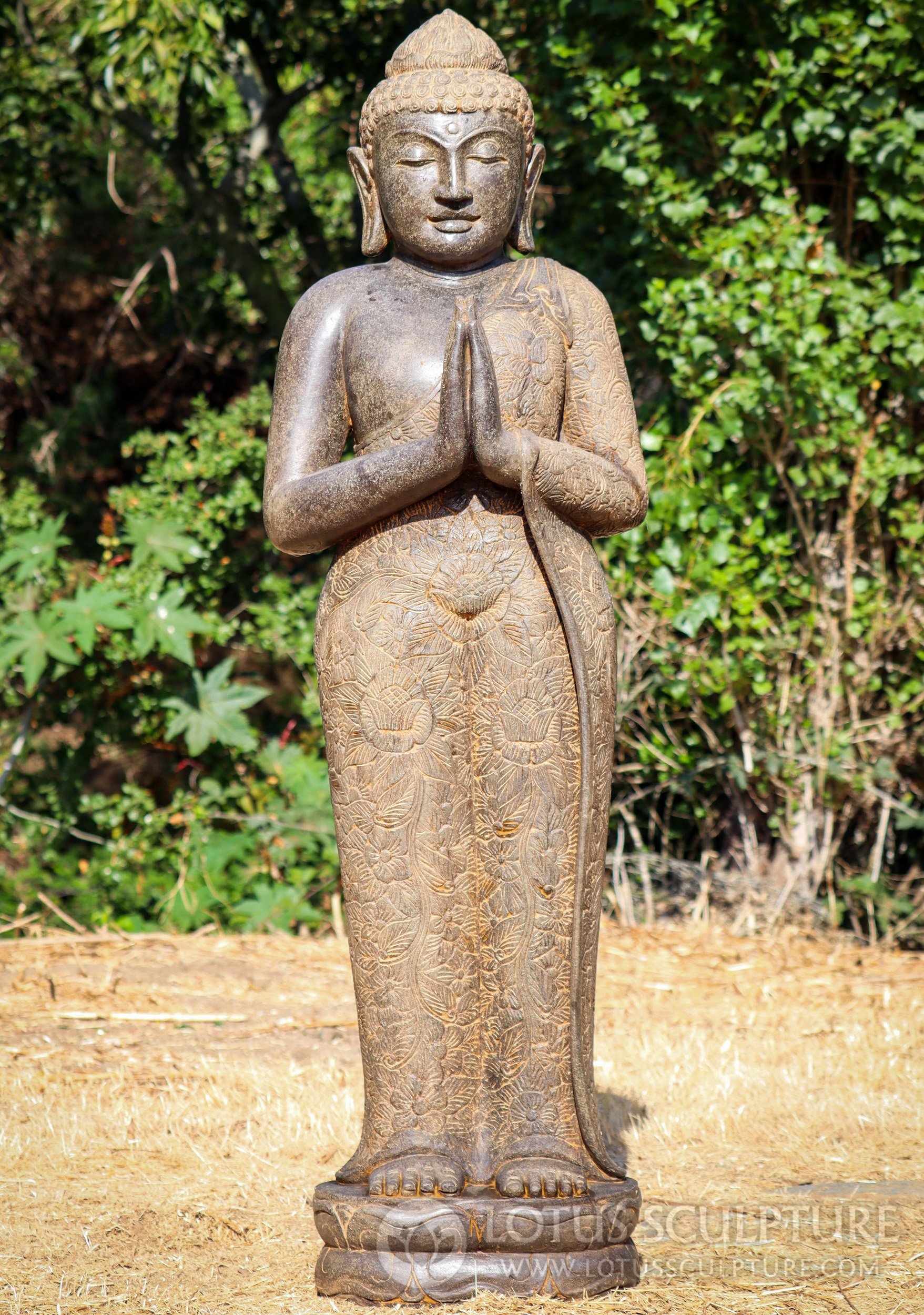 Buddha Garden Sculpture in Namaste Mudra Standing in Brocade Robes 59"