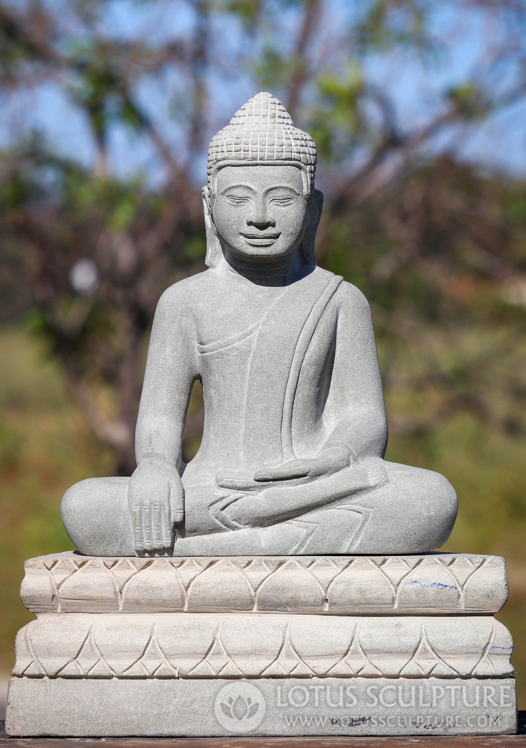 Buddha Sculpture Earth Touching Cambodian Sandstone on Two-Tiered Lotus Base 14"