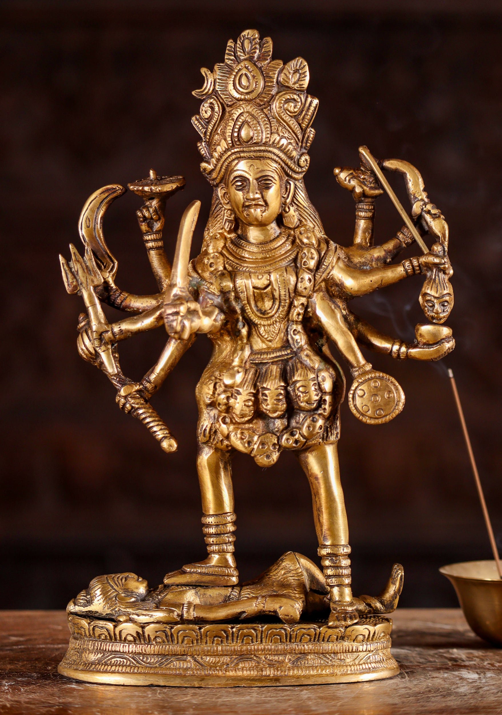 Kali Brass Statue Standing Atop Lord Shiva with 10 Arms Holding Weapons 11"