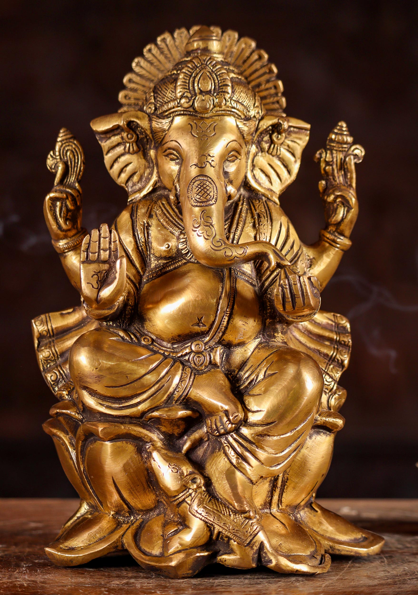 Ganesh Brass Statue Seated on Large Blooming Lotus Flower with Rat 10"