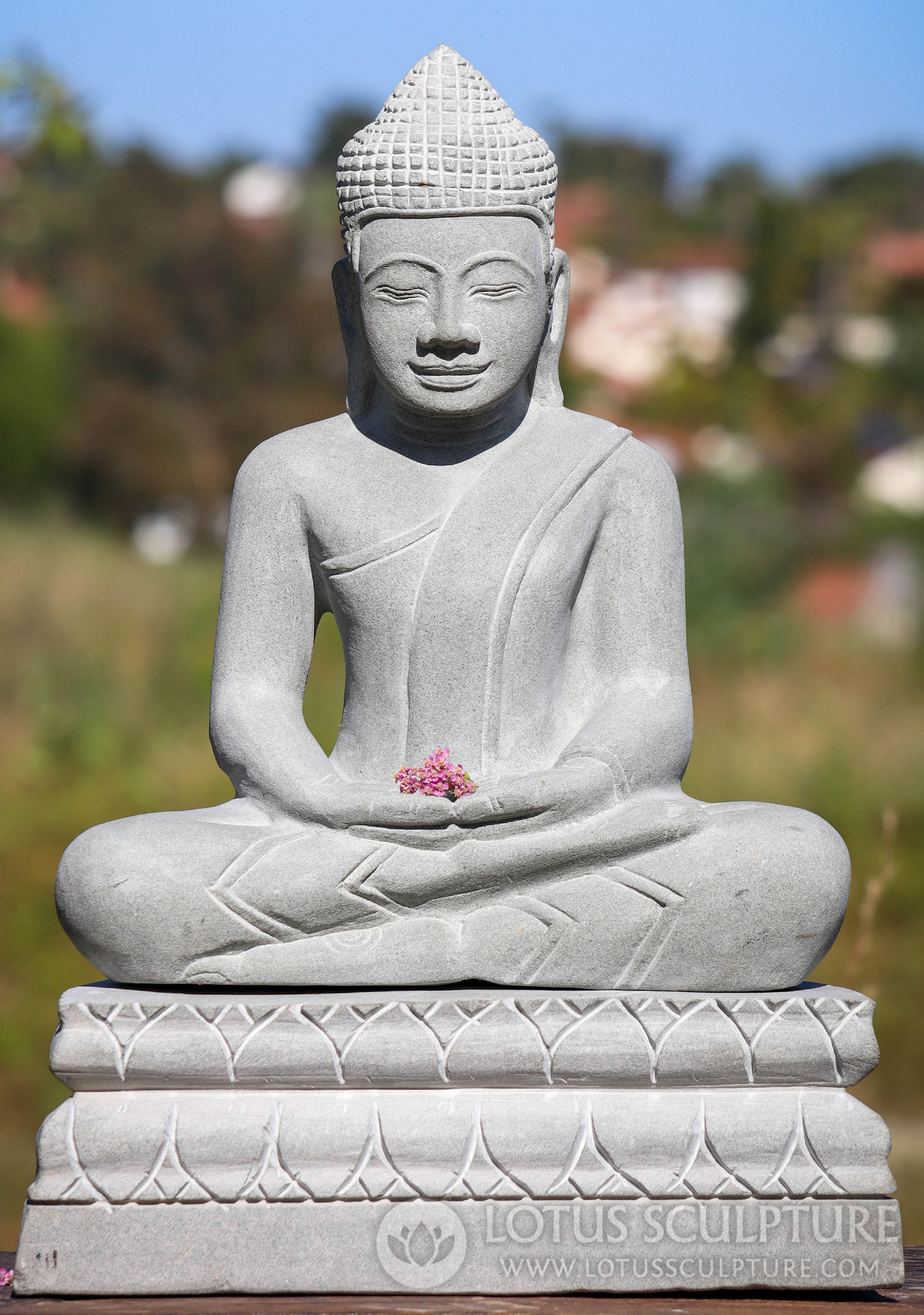 Buddha Sculpture Meditating Cambodian Sandstone on Two-Tiered Lotus Base 17"